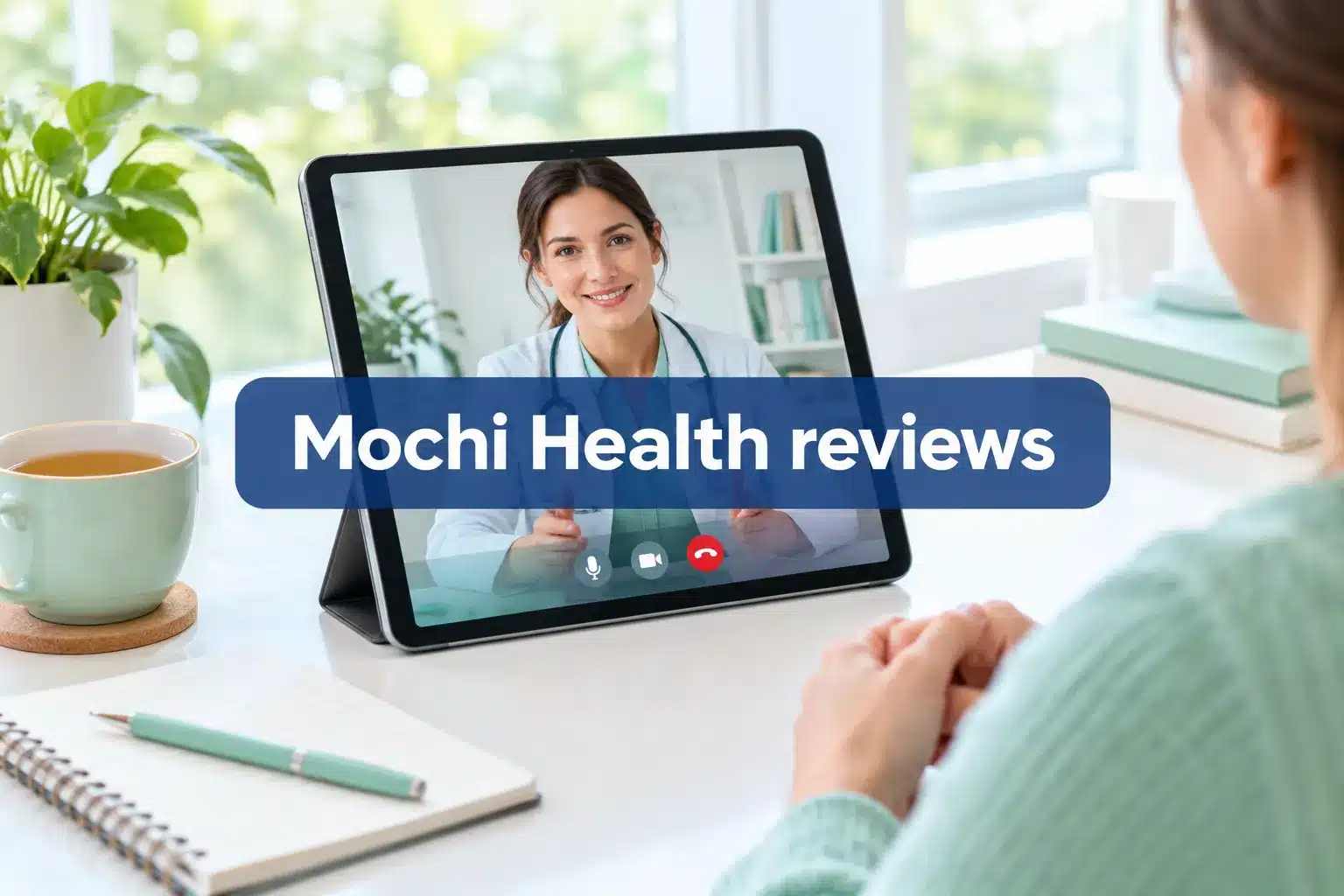 Professional () hero image with SHORT (≤42 chars): 'Mochi Health reviews', white on a semi-transparent navy panel, centered