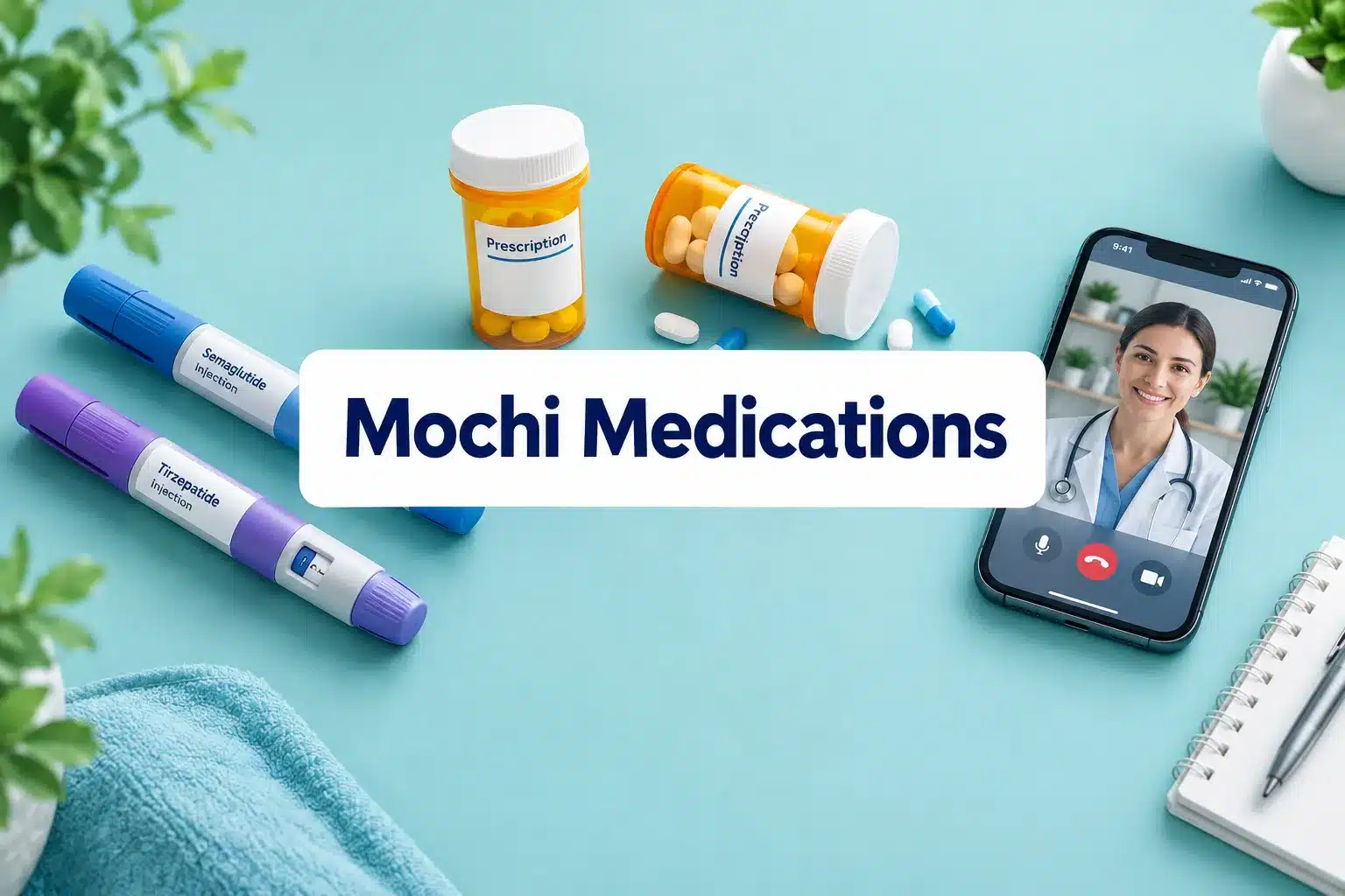 Professional () hero image with SHORT (≤42 chars): 'Mochi Medications', navy on a clean white panel, centered with 8% safe
