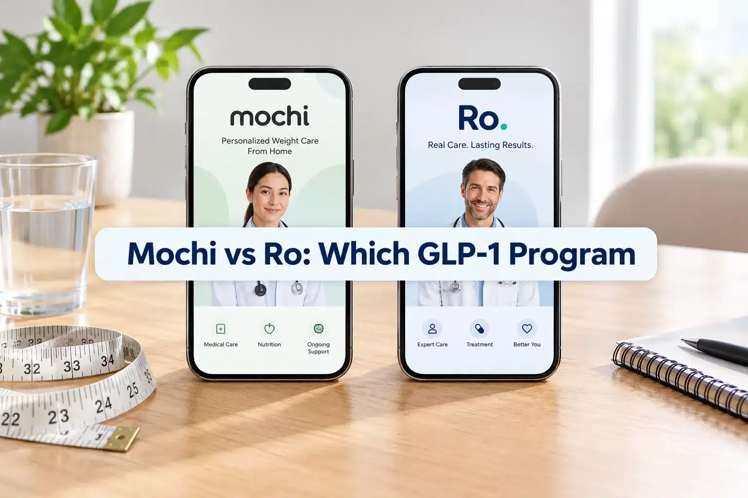 Professional () hero image with SHORT (≤42 chars): 'Mochi vs Ro: Which GLP-1 Program', navy on a light high-contrast panel,