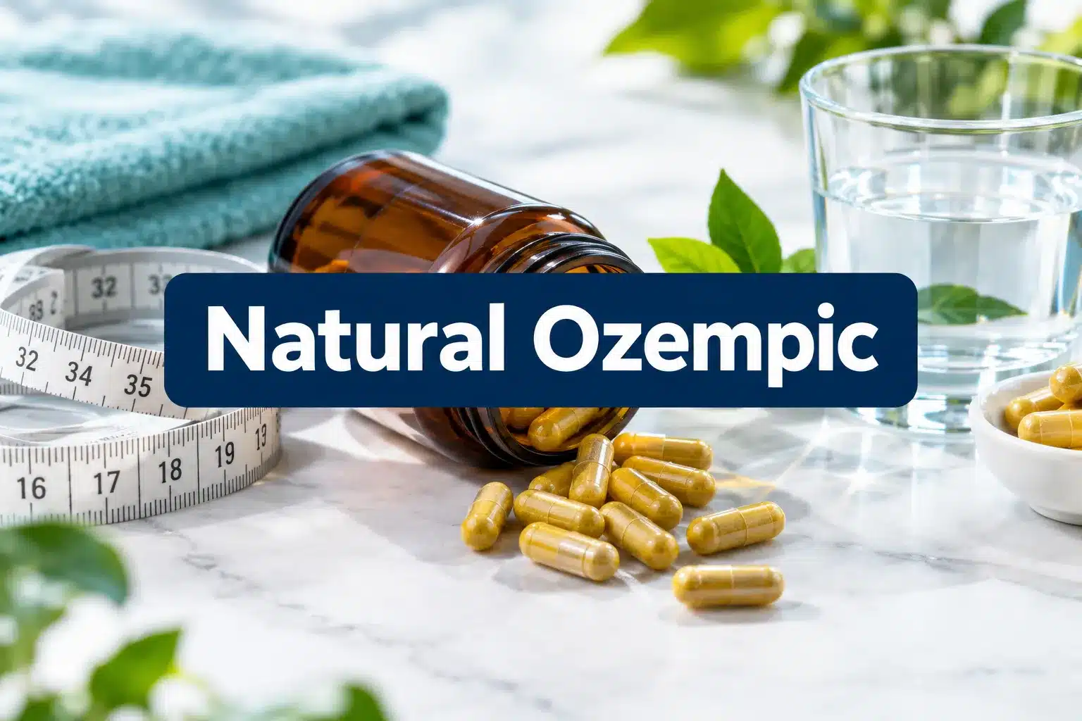 Professional () hero image with SHORT (≤42 chars): 'Natural Ozempic', white on a dark navy panel, centered with 8% safe