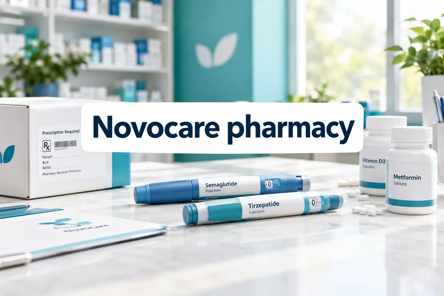 Professional () hero image with SHORT (≤42 chars): 'Novocare pharmacy', navy on a clean white panel, centered with 8% safe