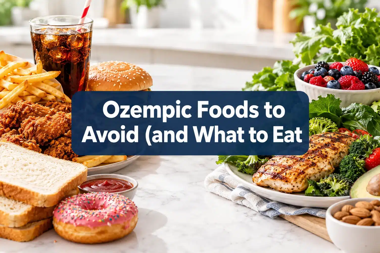 Professional () hero image with SHORT (≤42 chars): 'Ozempic Foods to Avoid (and What to Eat', white on a dark navy