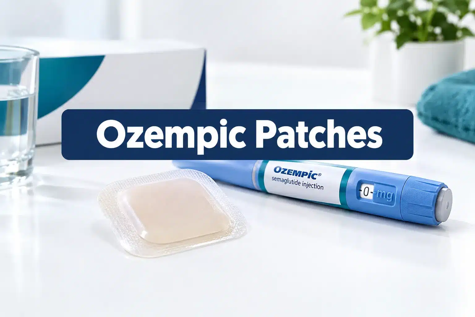 Professional () hero image with SHORT (≤42 chars): 'Ozempic Patches', white on a dark navy panel, centered with 8% safe
