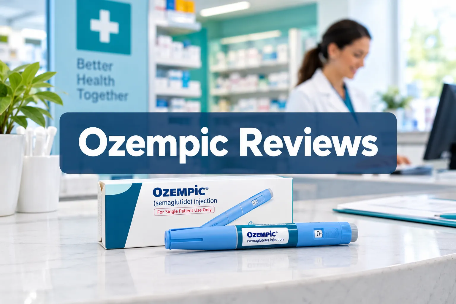 Ozempic Reviews: What Real Users (and Reddit) Say 1 Professional () hero image with SHORT (≤42 chars): 'Ozempic Reviews', white on a semi-transparent navy panel, centered with