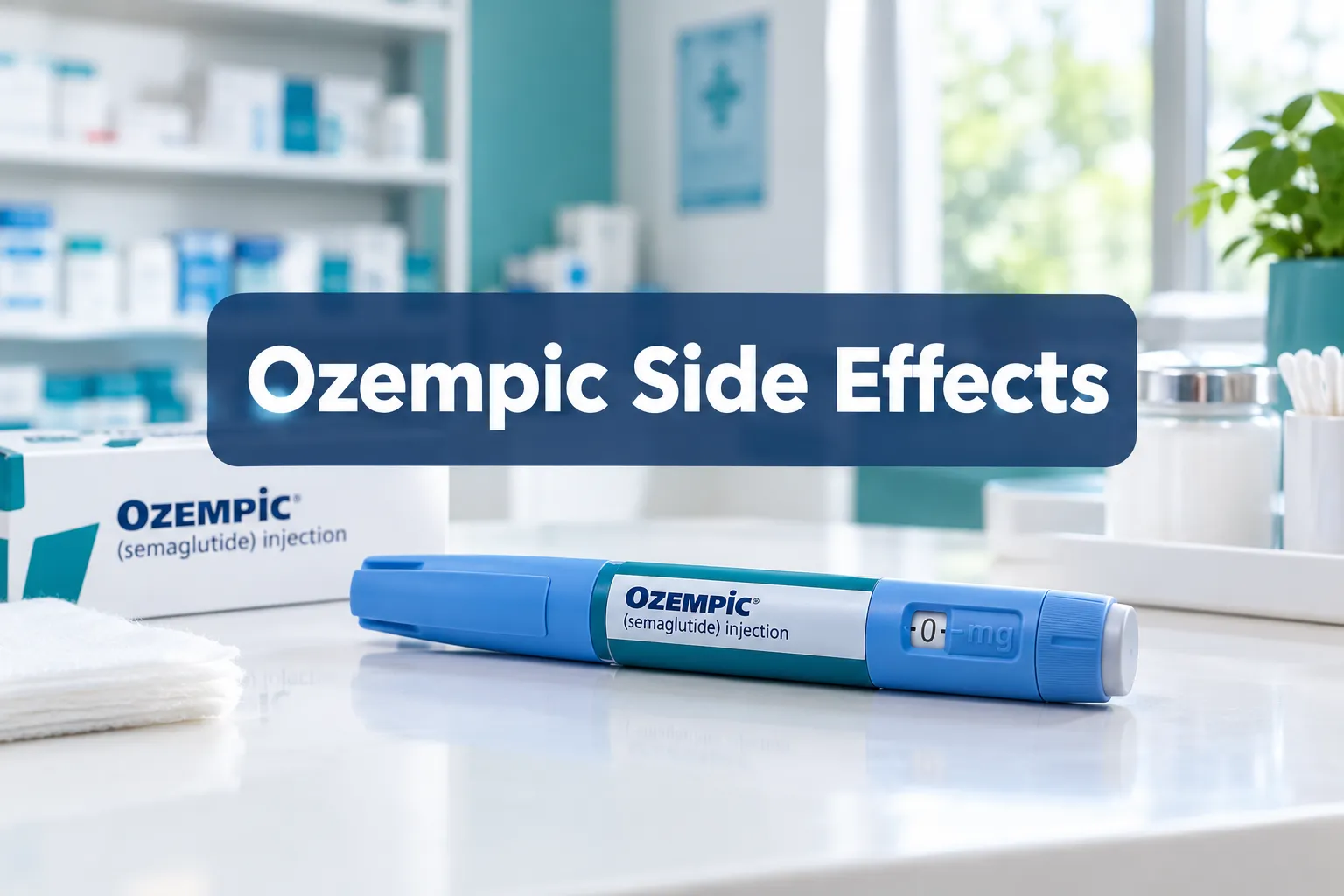 Ozempic Side Effects: Common, Serious & How to Manage Them 1 Professional () hero image with SHORT (≤42 chars): 'Ozempic Side Effects', white on a navy semi-transparent panel, centered