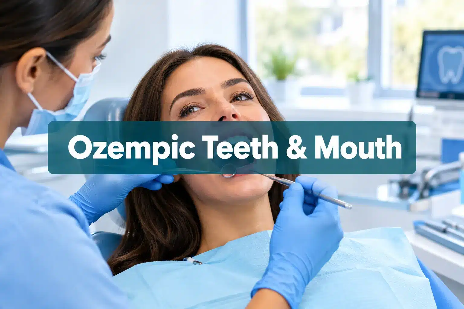 Professional () hero image with SHORT (≤42 chars): 'Ozempic Teeth & Mouth', white on a dark teal semi-transparent panel,