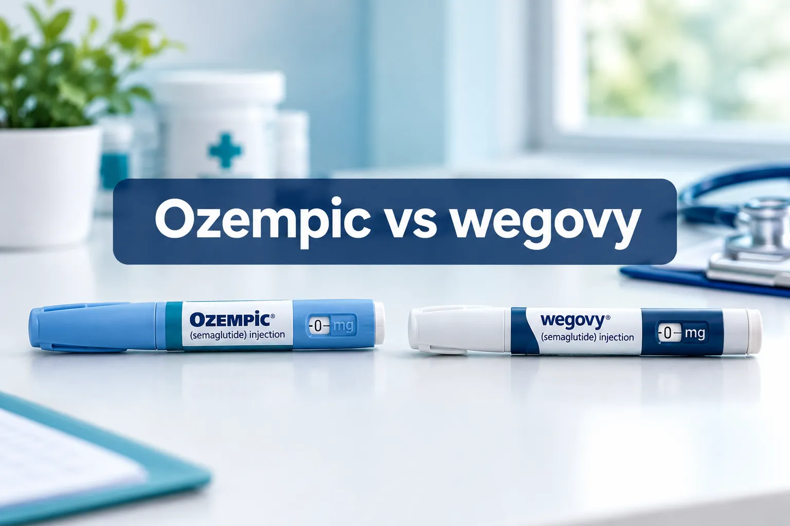 Professional () hero image with SHORT (≤42 chars): 'Ozempic vs wegovy', white on a navy semi-transparent panel, centered