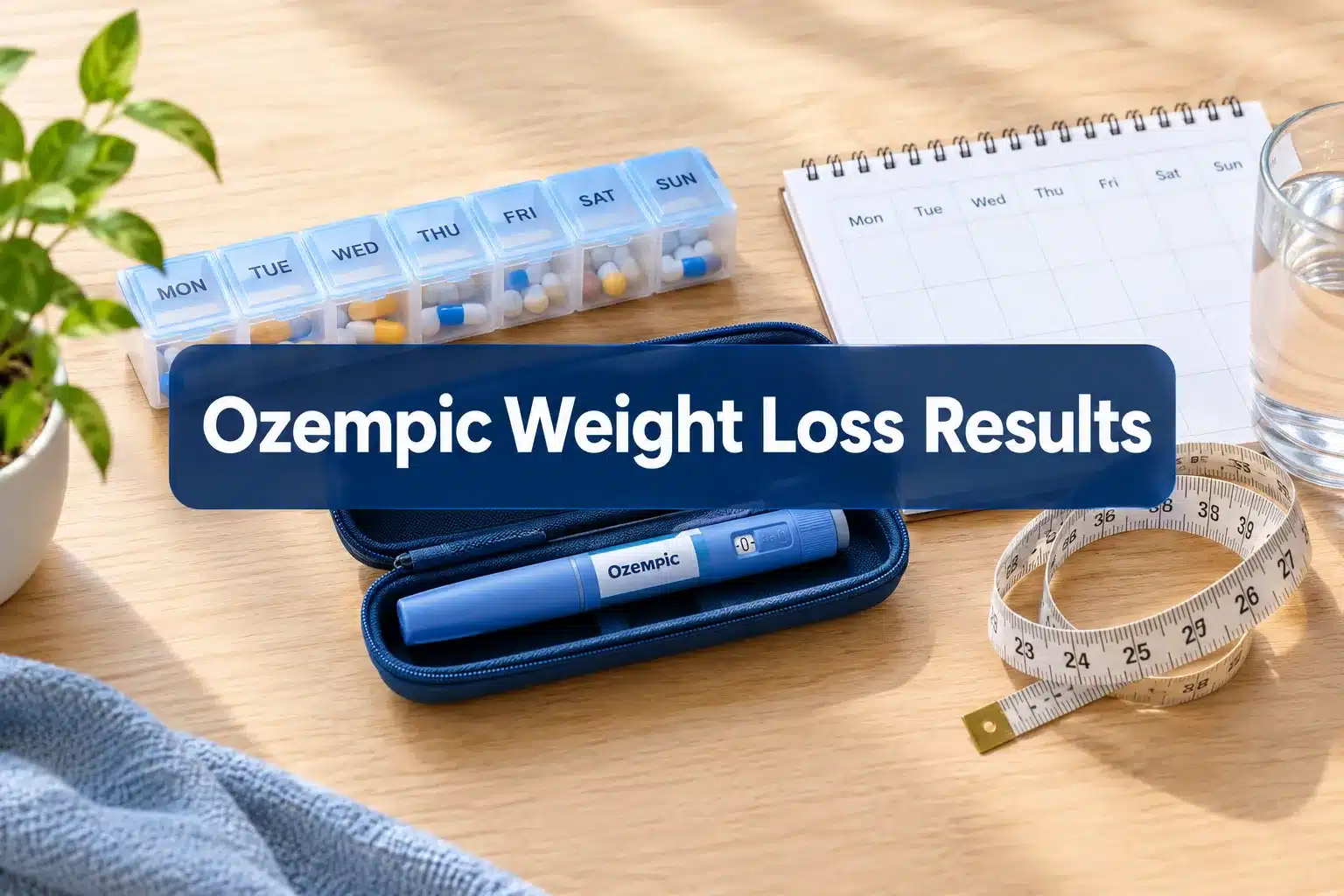 Professional () hero image with SHORT (≤42 chars): 'Ozempic Weight Loss Results', white on a navy semi-transparent panel,