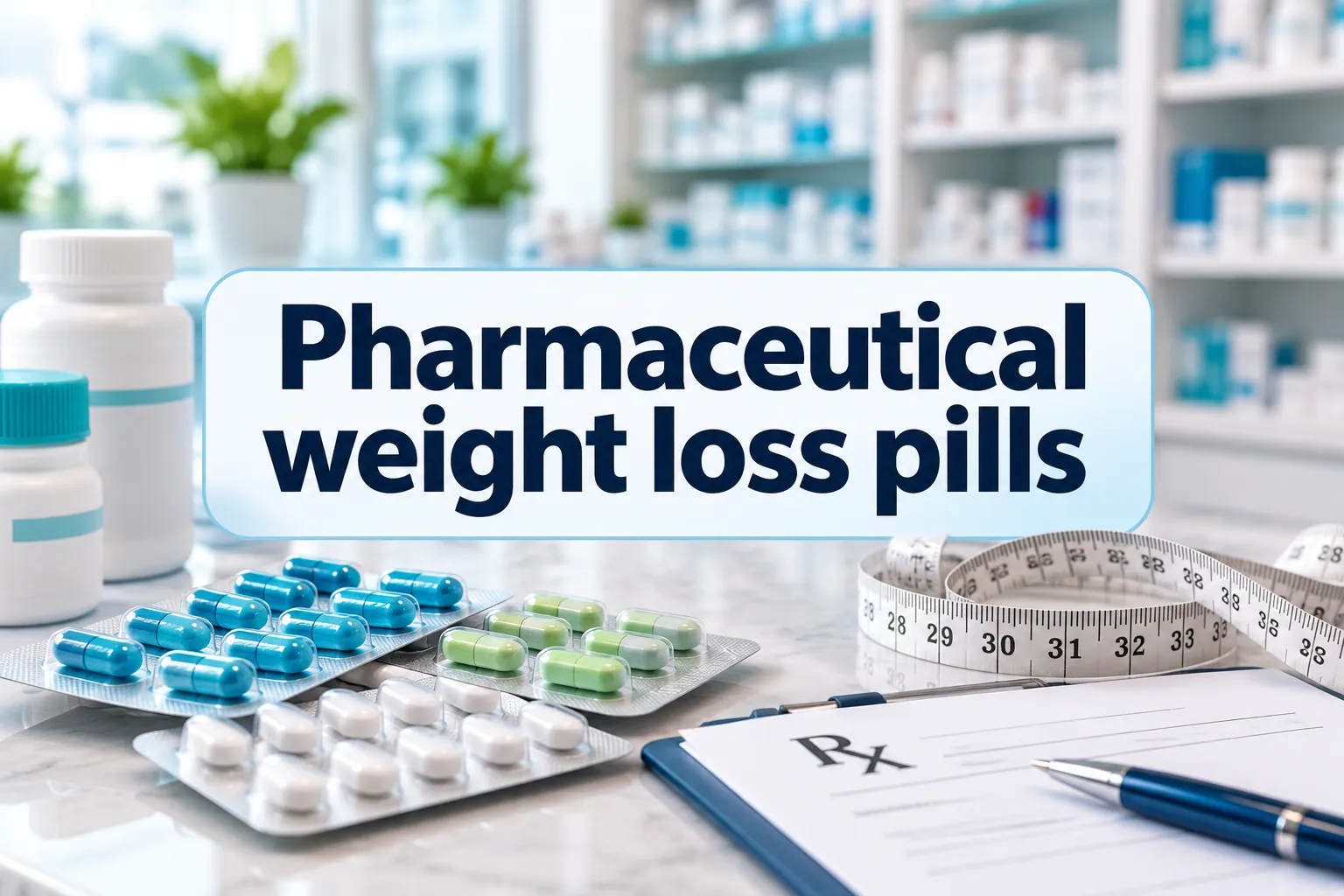 Professional () hero image with SHORT (≤42 chars): 'Pharmaceutical weight loss pills', navy on a light high-contrast panel,