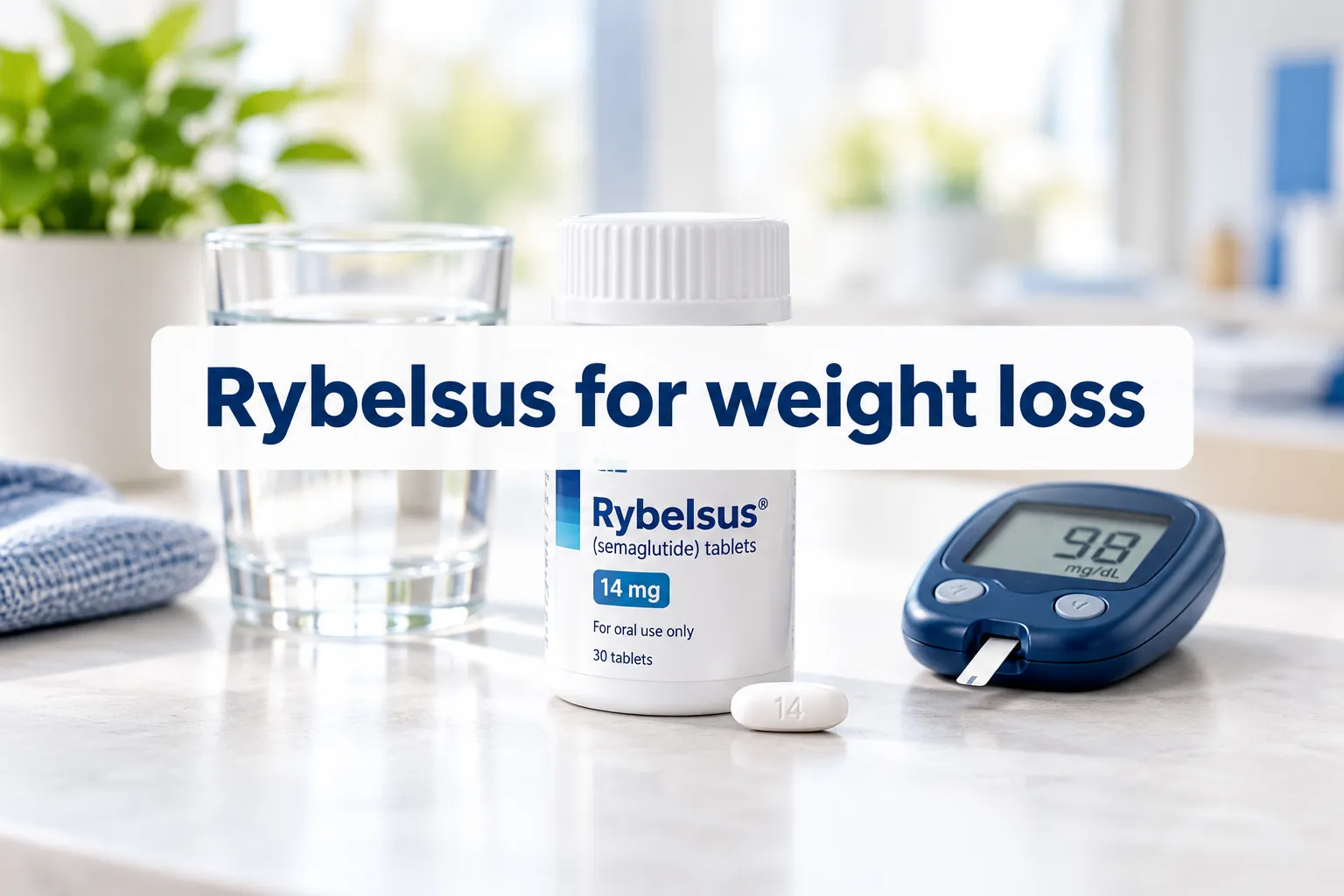 Rybelsus for weight loss: Options, Effectiveness, Costs & Safety Considerations 1 Professional () hero image with SHORT (≤42 chars): 'Rybelsus for weight loss', navy on a soft white panel, centered with 8%