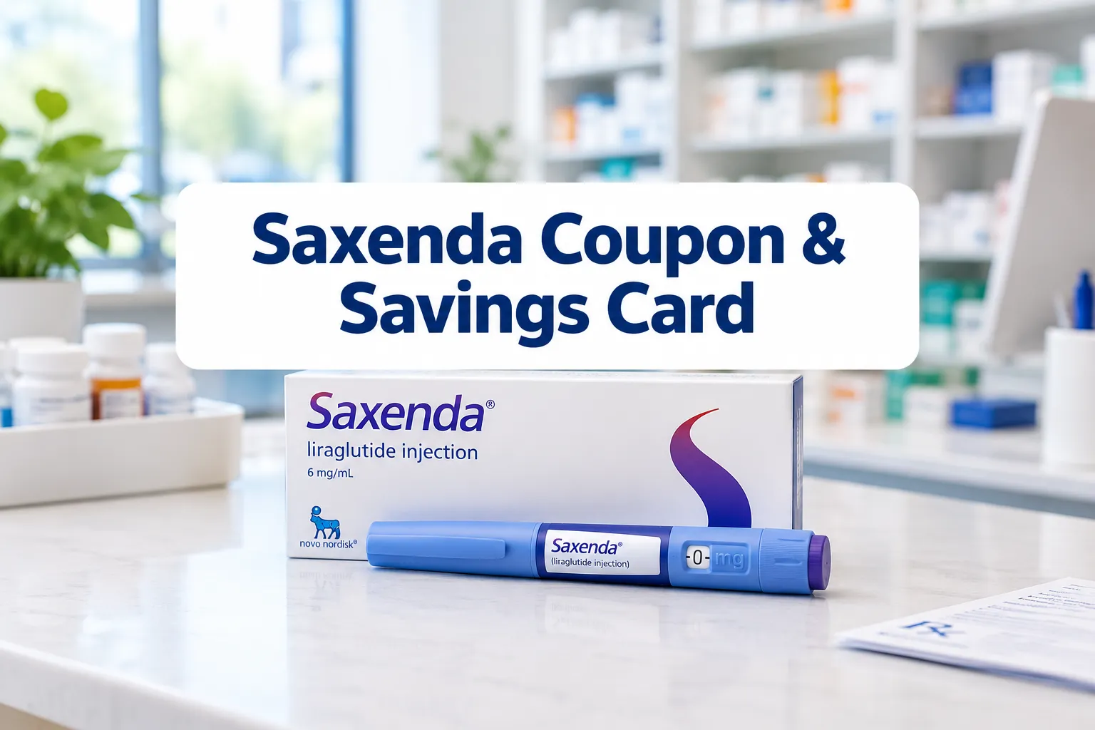 Saxenda Coupon & Savings Card: How to Pay Less 1 Professional () hero image with SHORT (≤42 chars): 'Saxenda Coupon & Savings Card', navy on a clean white panel, centered