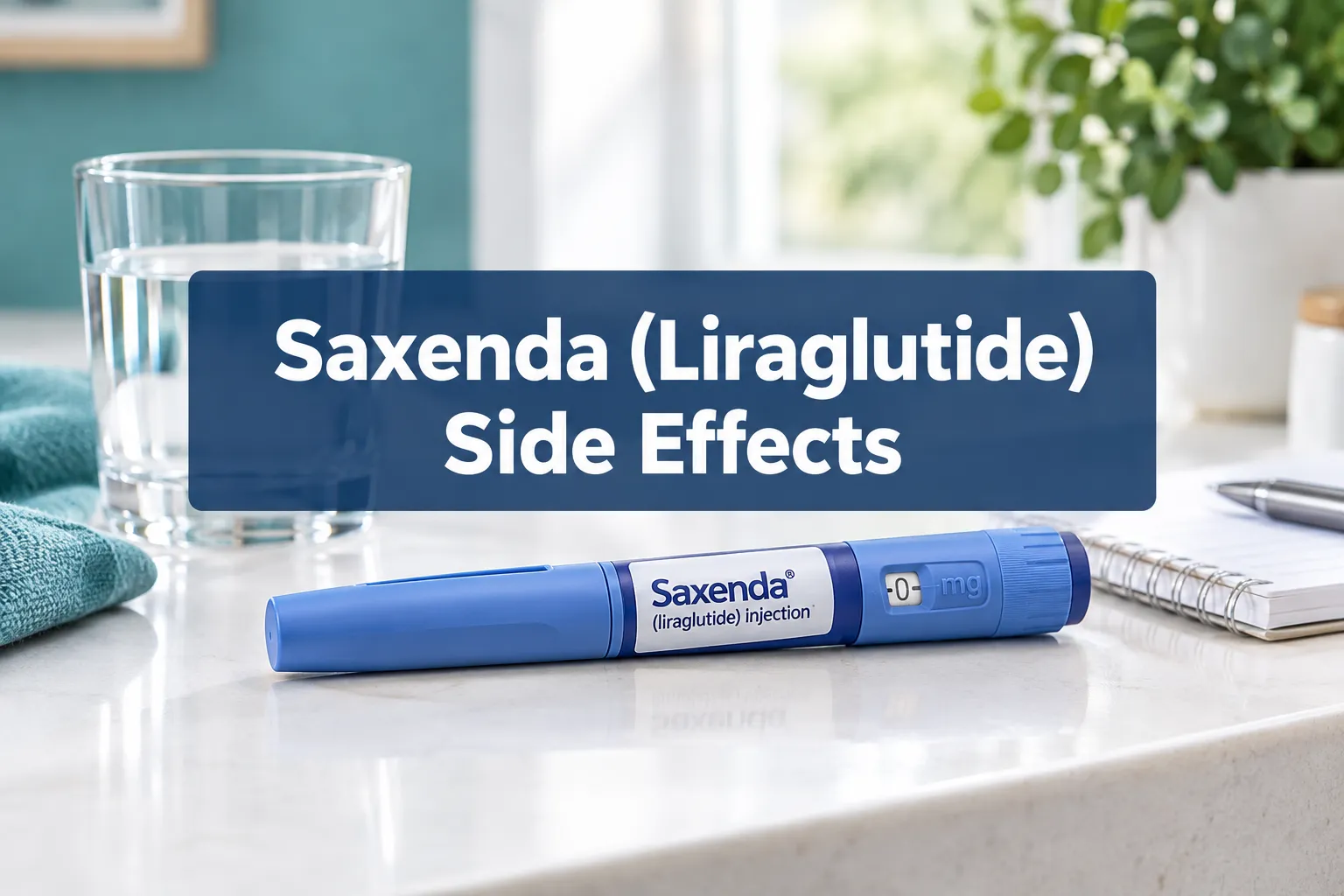 Professional () hero image with SHORT (≤42 chars): 'Saxenda (Liraglutide) Side Effects', white on a navy semi-transparent