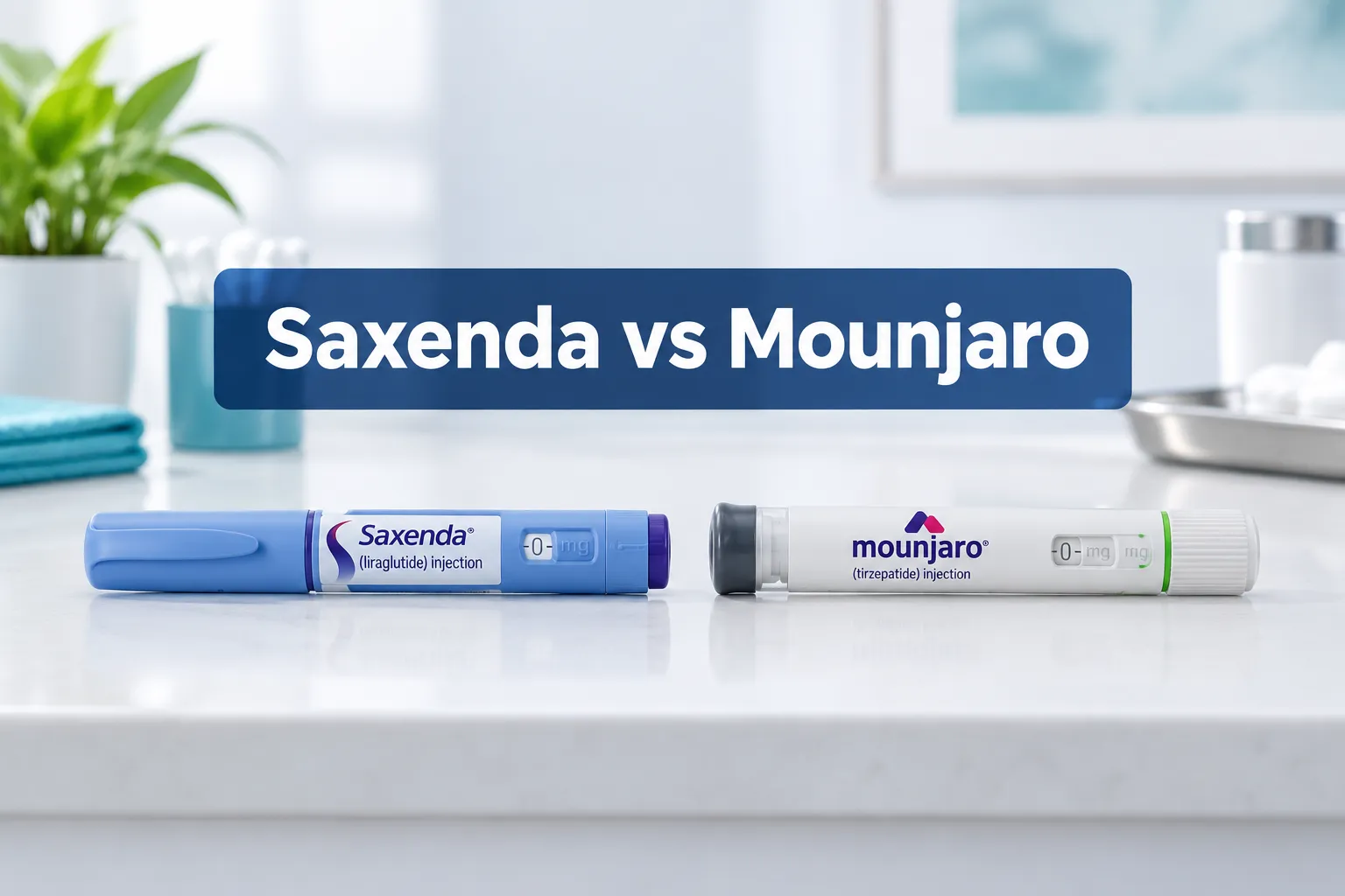 Saxenda vs Mounjaro: Which Is Better for Weight Loss? 1 Professional () hero image with short (≤42 chars): 'Saxenda vs Mounjaro', white on a navy semi-transparent panel, centered
