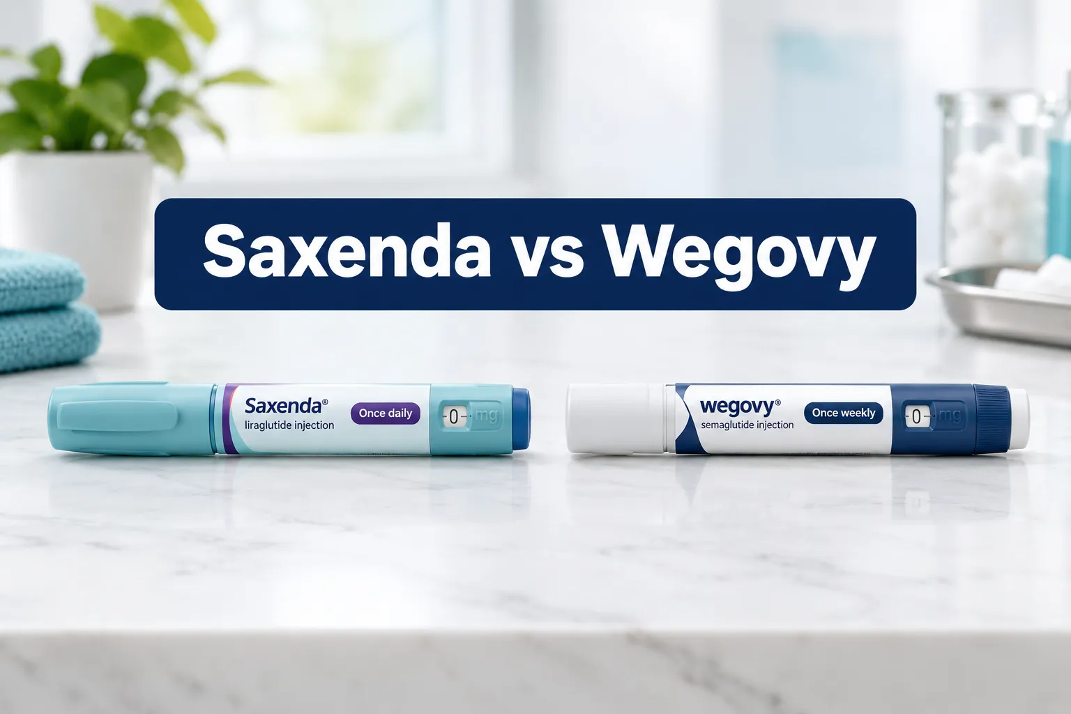 Professional () hero image with SHORT (≤42 chars): 'Saxenda vs Wegovy', white on a navy high-contrast panel, centered with
