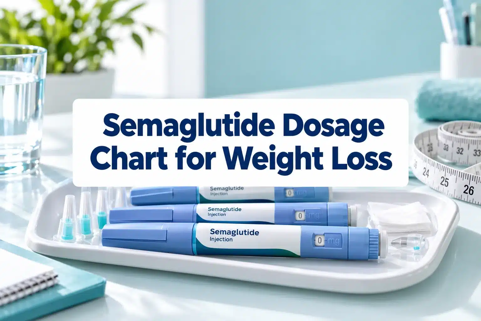 Professional () hero image with SHORT (≤42 chars): 'Semaglutide Dosage Chart for Weight Loss', navy on a clean white panel,