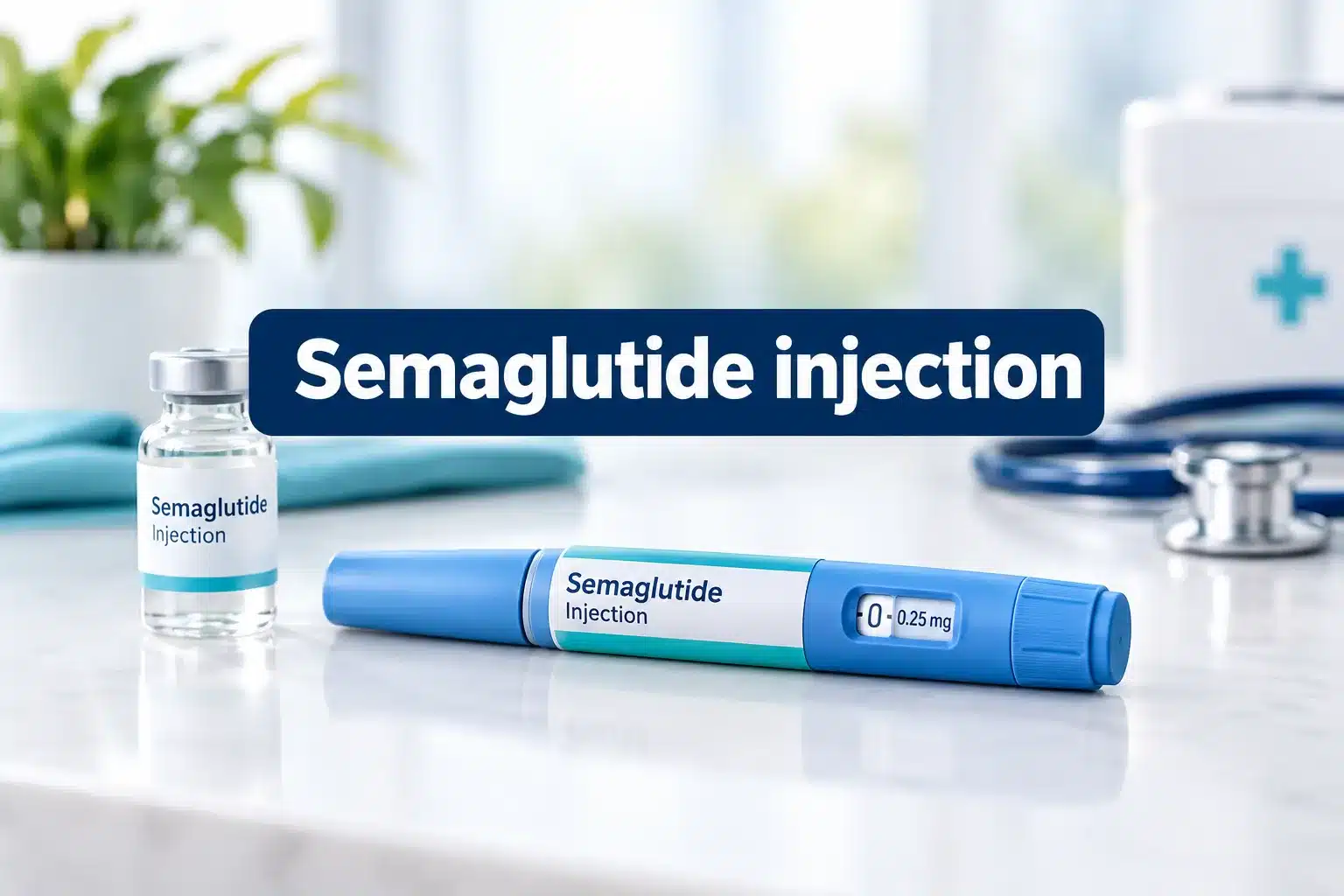Semaglutide injection: Options, Costs, Benefits & Safety Considerations 1 Professional () hero image with SHORT (≤42 chars): 'Semaglutide injection', white on a navy high-contrast panel, centered