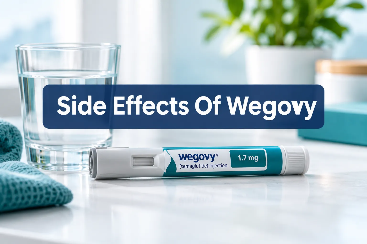 Professional () hero image with SHORT (≤42 chars): 'Side Effects Of Wegovy', white on a navy semi-transparent panel,