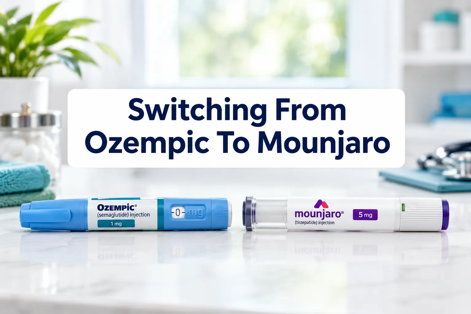 switching from ozempic to mounjaro 1 Professional () hero image with SHORT (≤42 chars): 'Switching From Ozempic To Mounjaro', navy on a clean white panel,