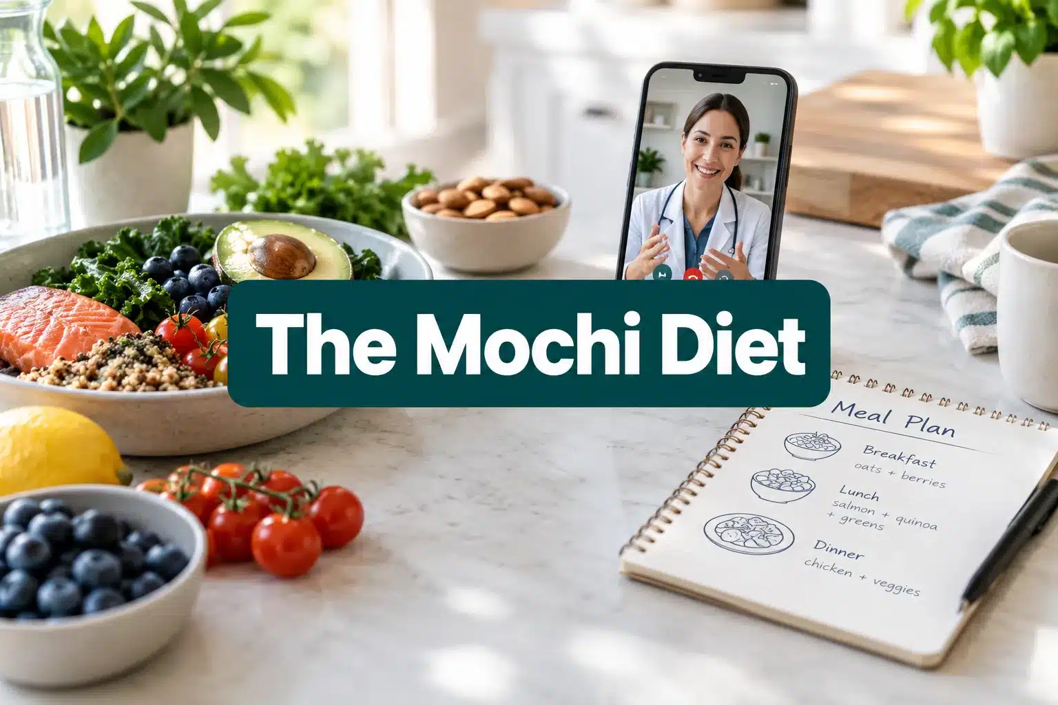 Professional () hero image with SHORT (≤42 chars): 'The Mochi Diet', white on a dark teal high-contrast panel, centered with