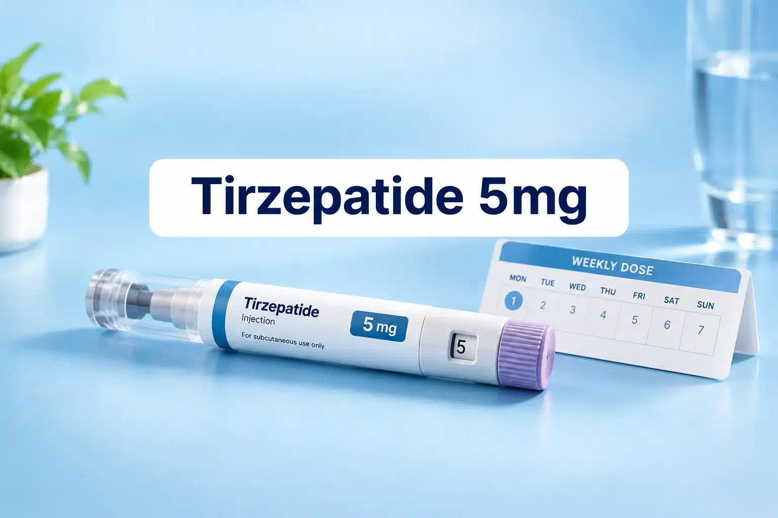 Professional () hero image with SHORT (≤42 chars): 'Tirzepatide 5mg', navy on a clean white panel, centered with 8% safe