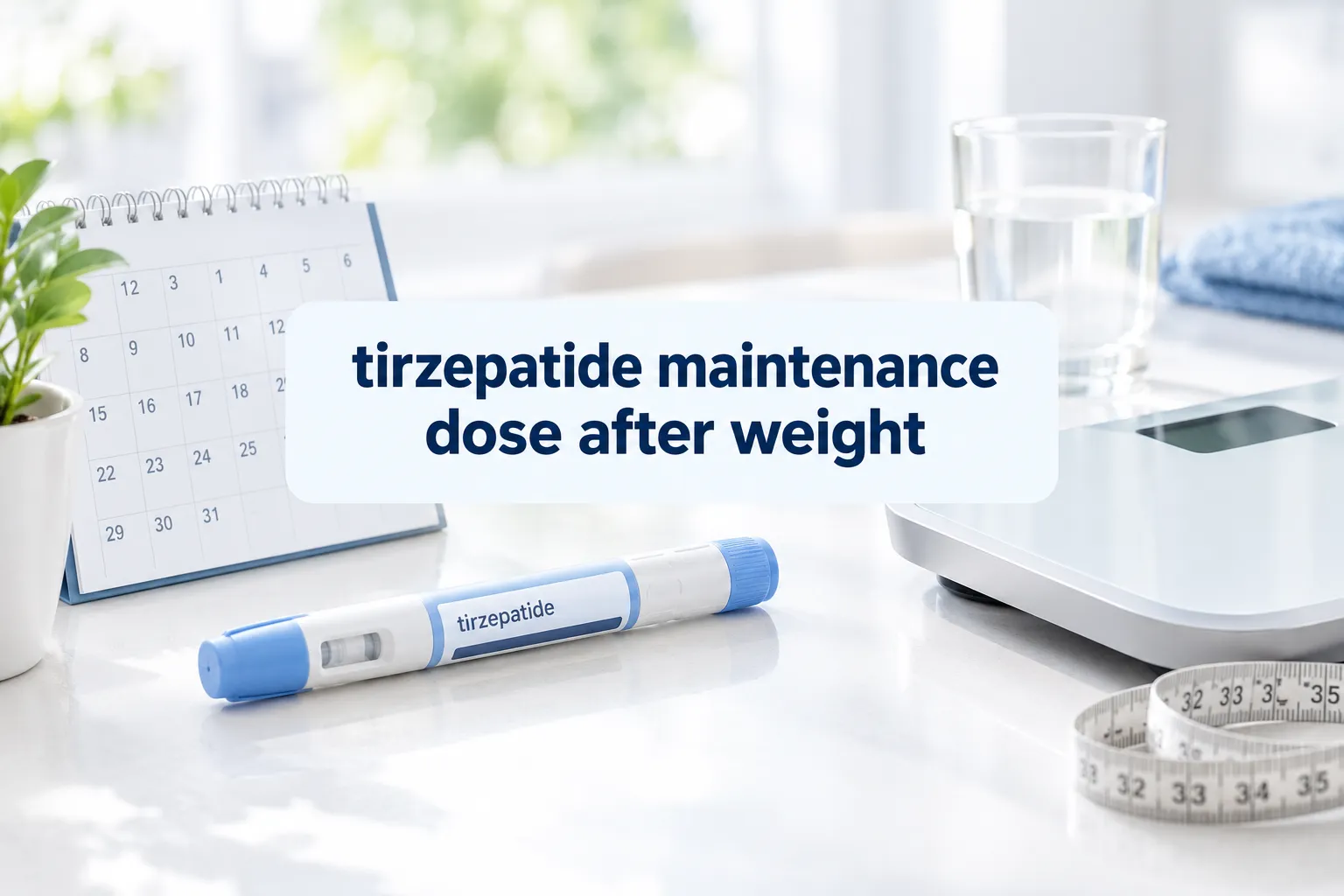 Professional () hero image with SHORT (≤42 chars): 'tirzepatide maintenance dose after weight', navy on a light clean panel,