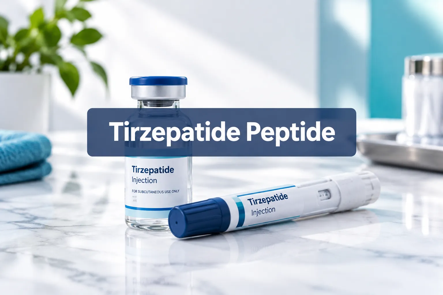 tirzepatide peptide 1 Professional () hero image with SHORT (≤42 chars): 'Tirzepatide Peptide', white on a navy semi-transparent panel, centered