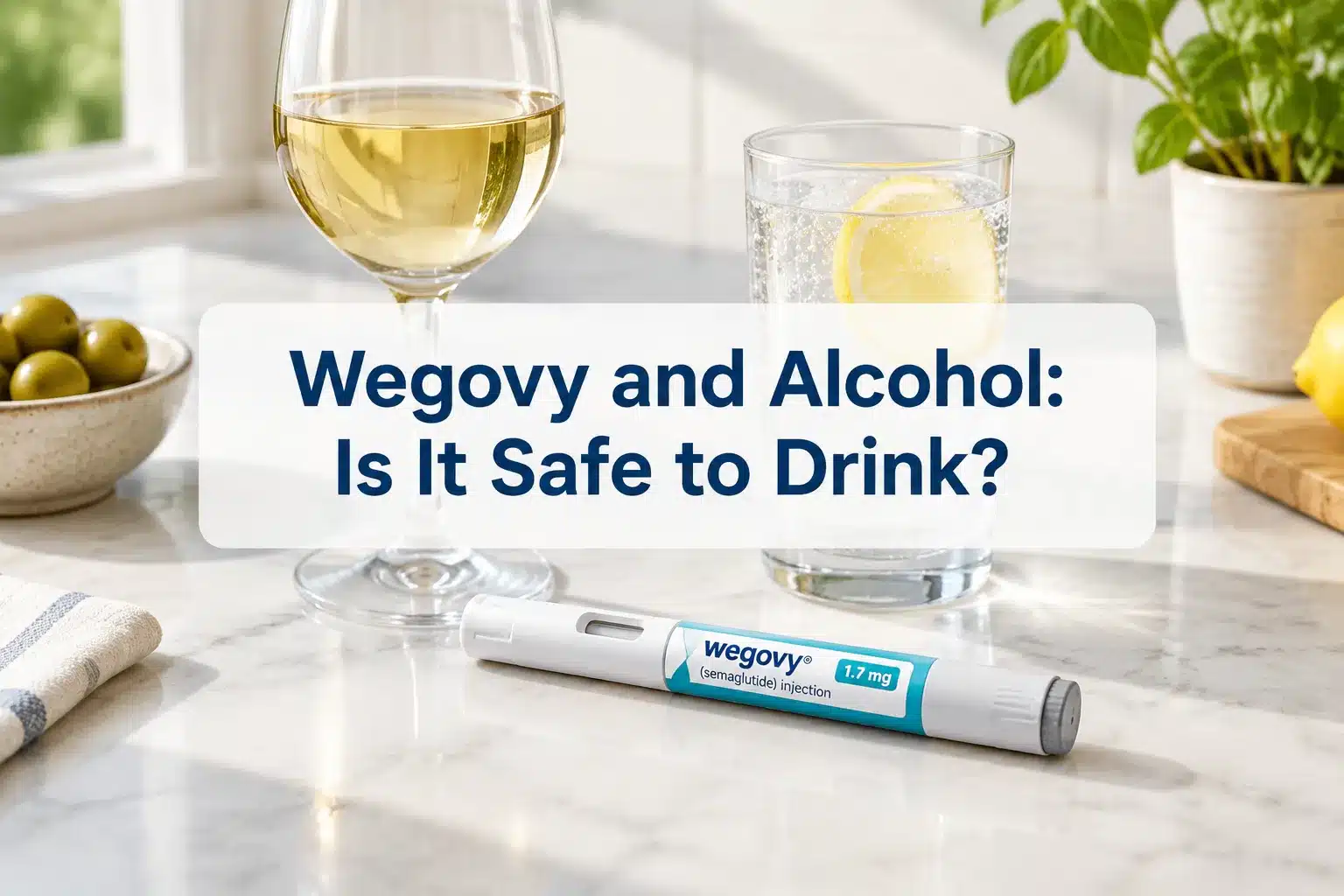 Wegovy and Alcohol: Is It Safe to Drink? 1 Professional () hero image with SHORT (≤42 chars): 'Wegovy and Alcohol: Is It Safe to Drink?', navy on a light