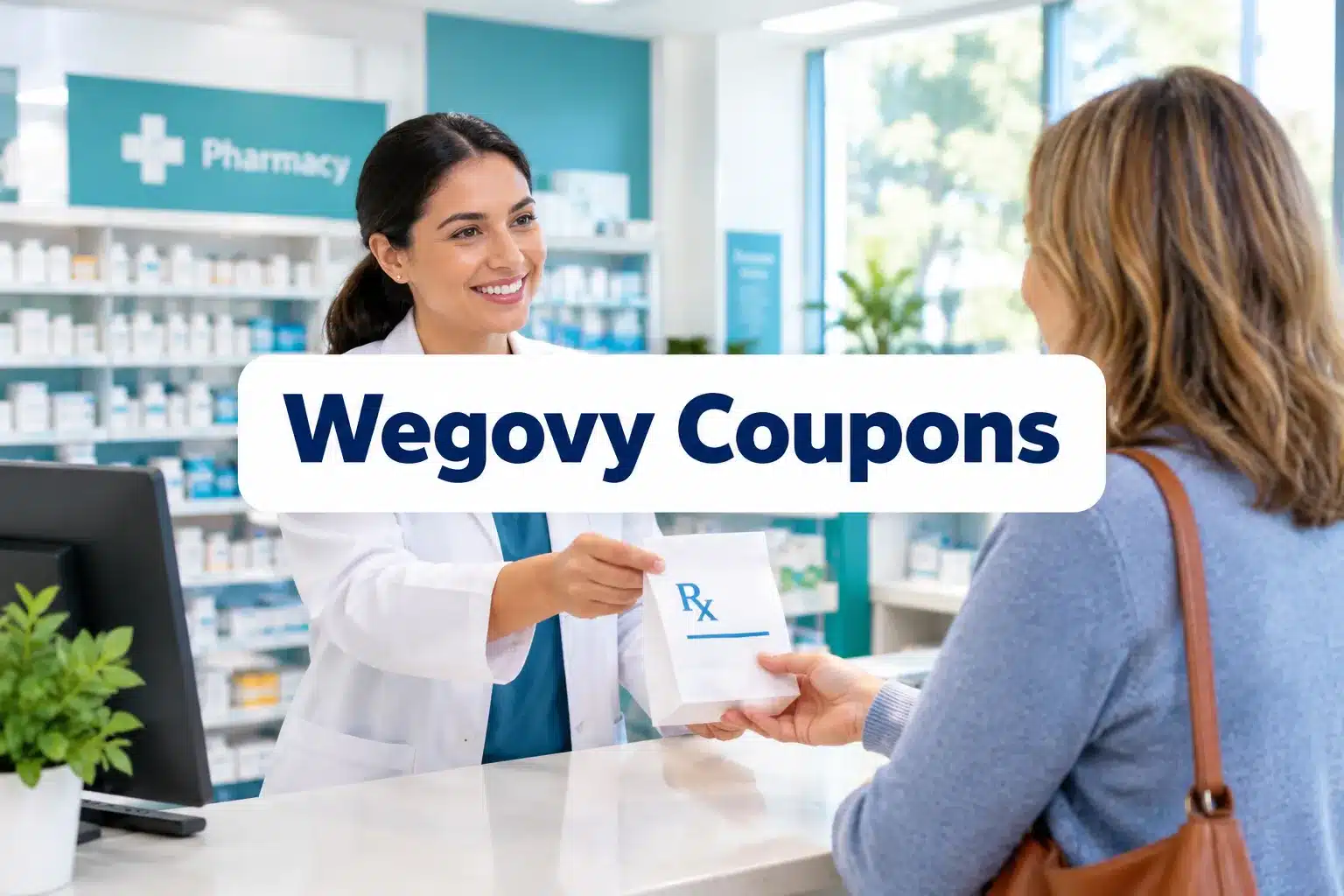 Professional () hero image with SHORT (≤42 chars): 'Wegovy Coupons', navy on a clean white panel, centered with 8% safe