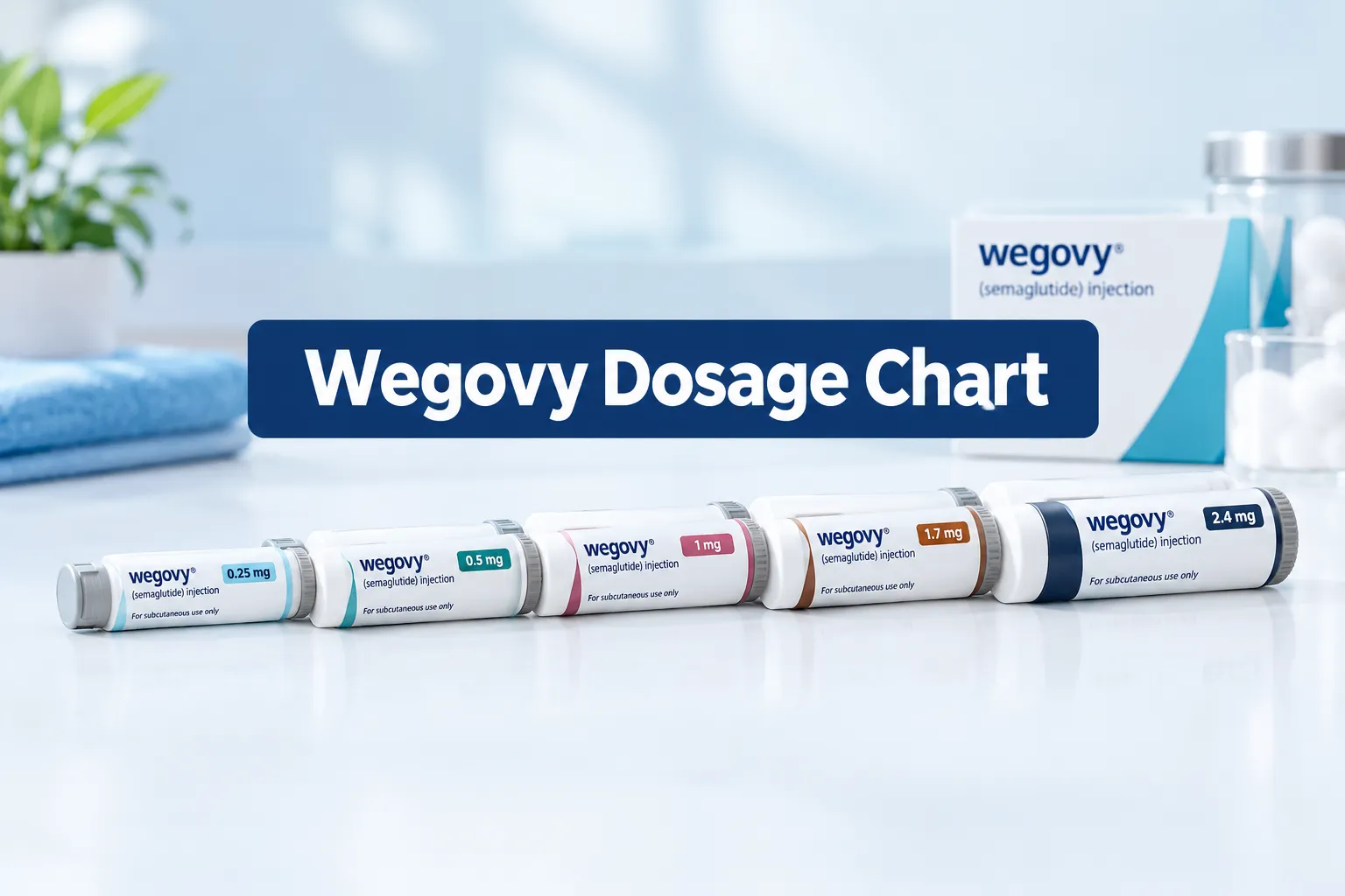 Wegovy Dosage Chart: Every Dose, Strength & Titration Schedule 1 Professional () hero image with SHORT (≤42 chars): 'Wegovy Dosage Chart', white on a navy semi-transparent panel, centered