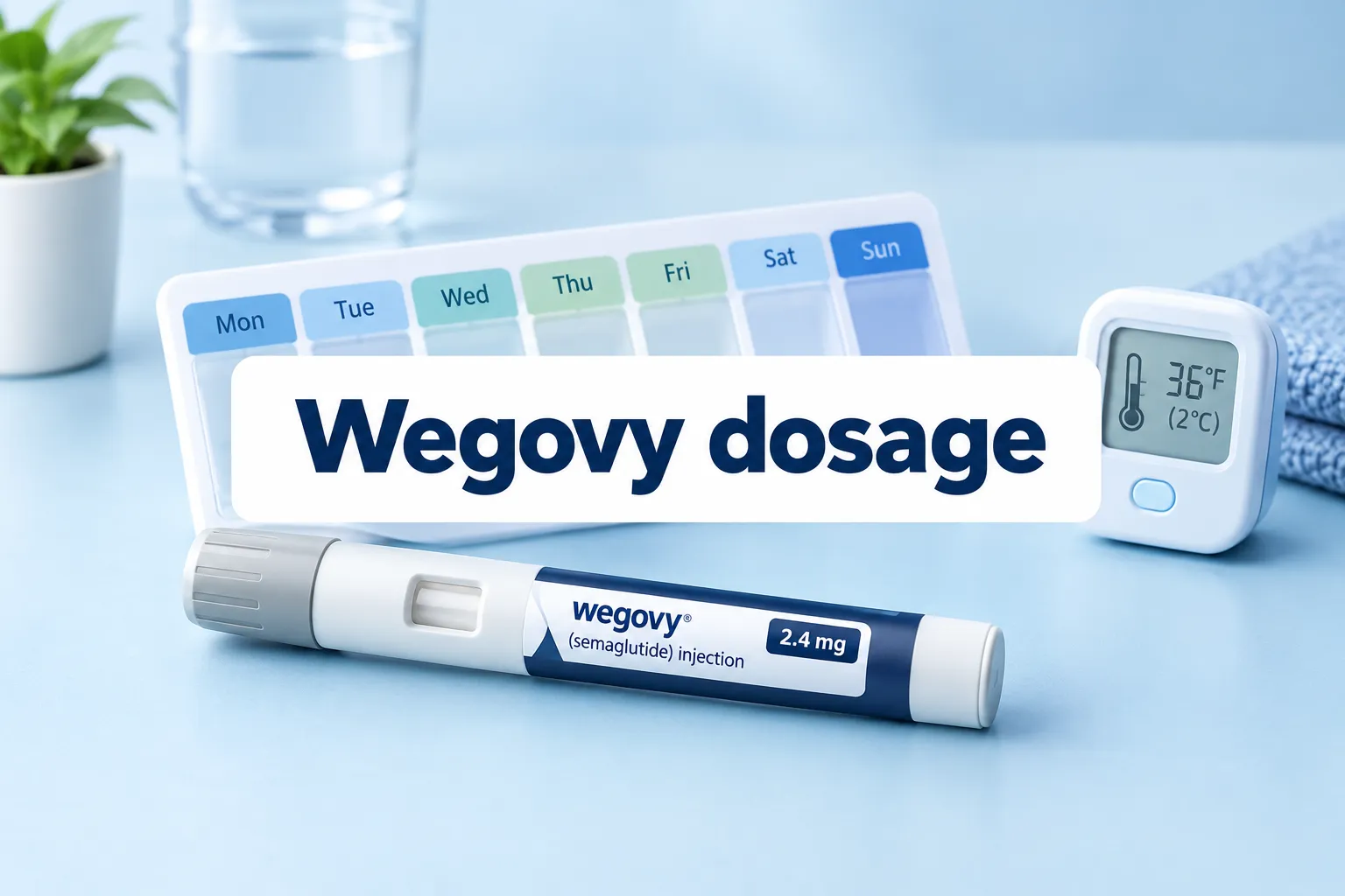 Professional () hero image with SHORT (≤42 chars): 'Wegovy dosage', navy on a clean white panel, centered with 8% safe