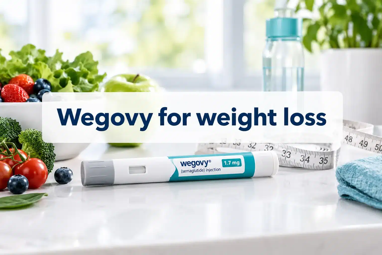 Professional () hero image with SHORT (≤42 chars): 'Wegovy for weight loss', navy on a clean semi-transparent white panel,