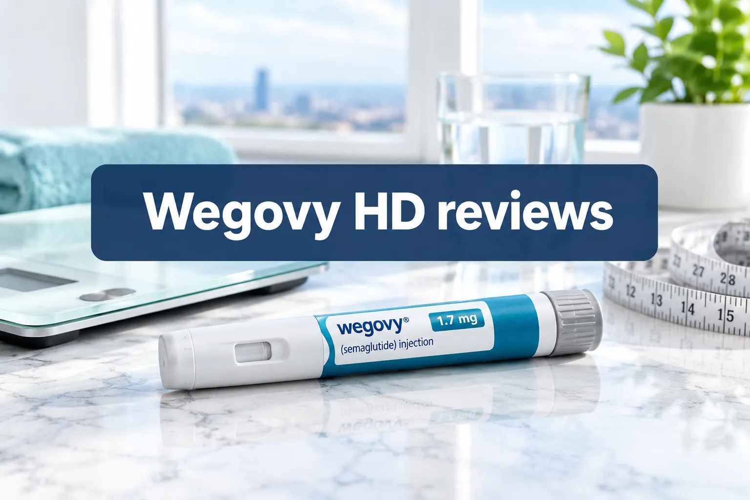 Professional () hero image with SHORT (≤42 chars): 'Wegovy HD reviews', white on a navy semi-transparent panel, centered