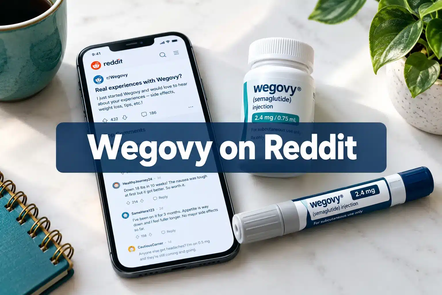 Professional () hero image with SHORT (≤42 chars): 'Wegovy on Reddit', white on a navy semi-transparent panel, centered with