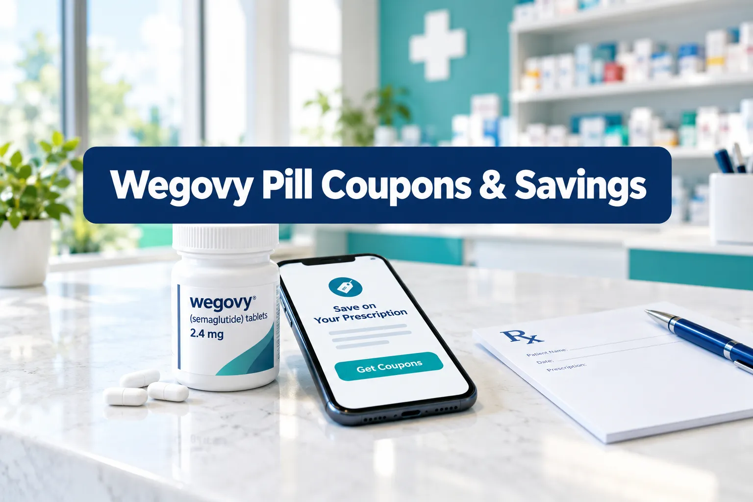 Wegovy Pill Coupons & Savings: GoodRx vs Manufacturer Offers 1 Professional () hero image with SHORT (≤42 chars): 'Wegovy Pill Coupons & Savings', white on a navy high-contrast panel,
