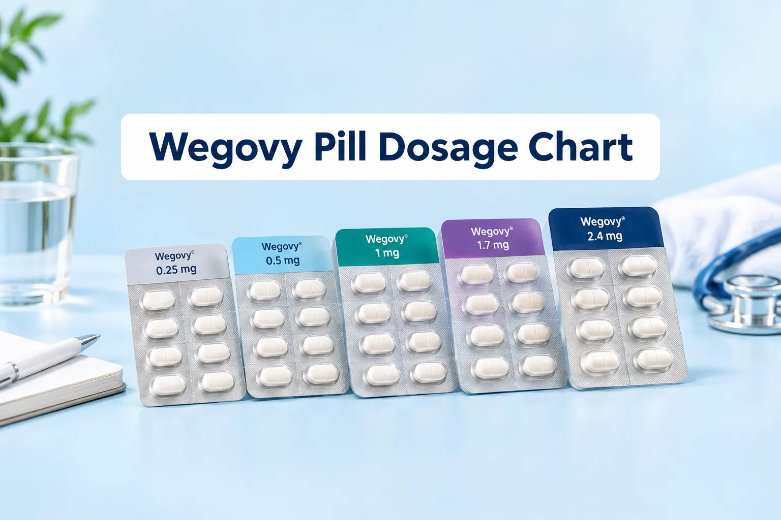 Wegovy Pill Dosage Chart: Every Dose & How to Take It 1 Professional () hero image with SHORT (≤42 chars): 'Wegovy Pill Dosage Chart', navy on a clean white panel, centered with 8%