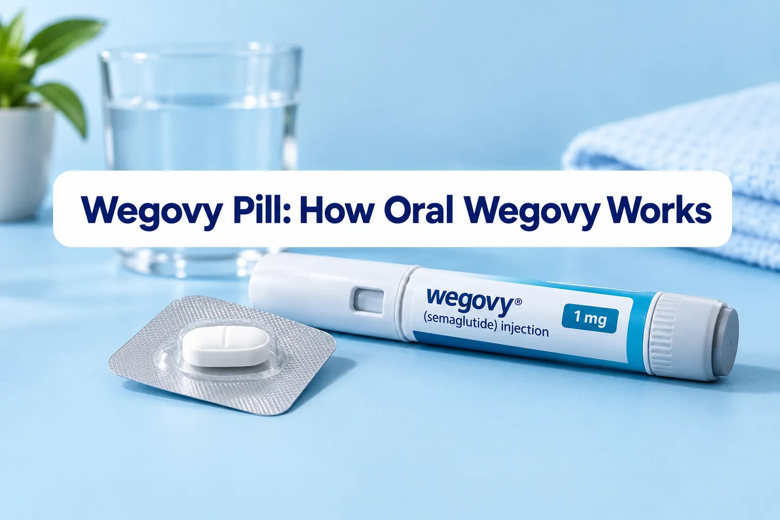 Wegovy Pill: How Oral Wegovy Works, Results, Dosing & Price 1 Professional () hero image with SHORT (≤42 chars): 'Wegovy Pill: How Oral Wegovy Works', navy on a crisp white panel,