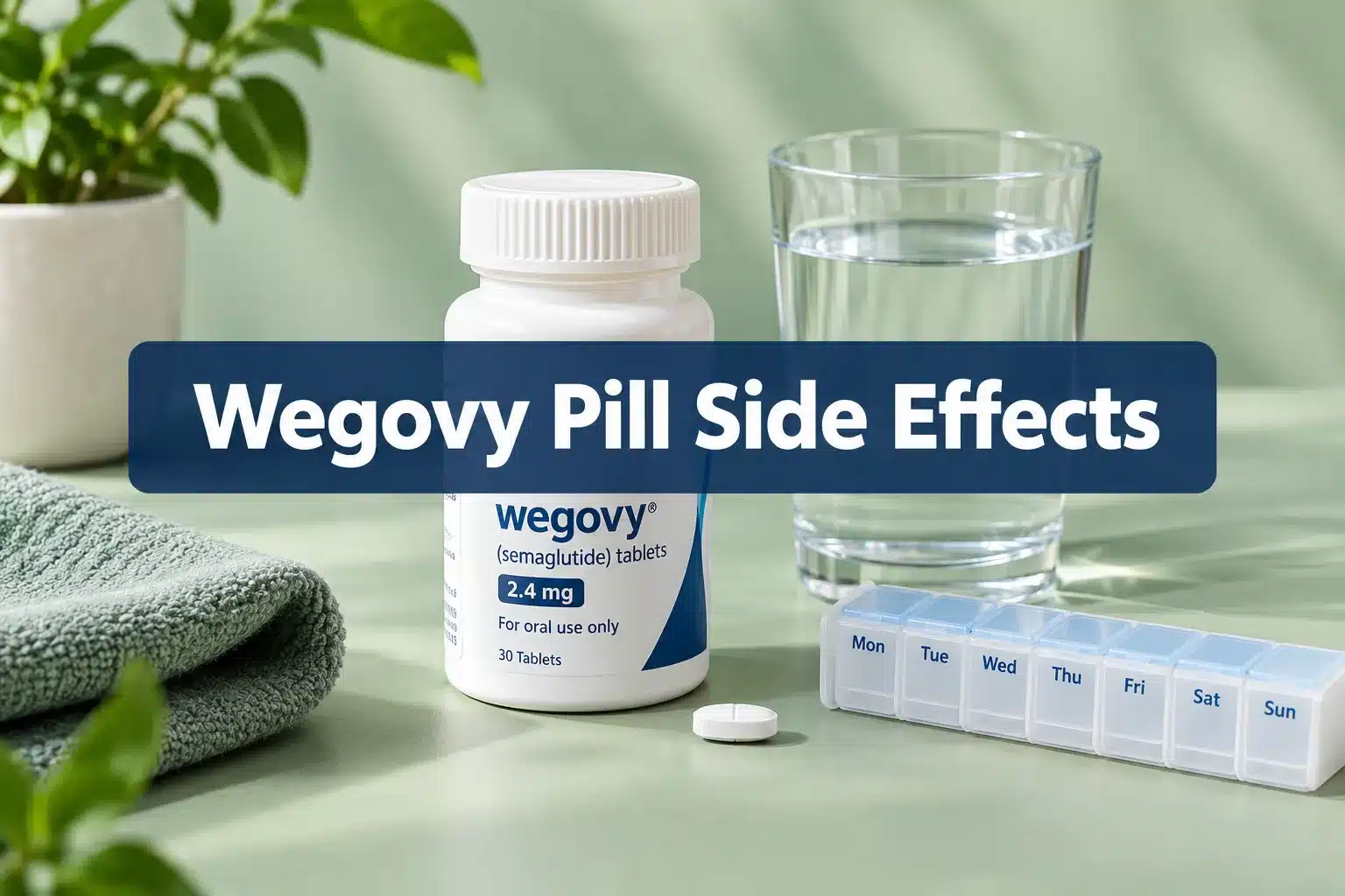 Professional () hero image with SHORT (≤42 chars): 'Wegovy Pill Side Effects', white on a navy semi-transparent panel,