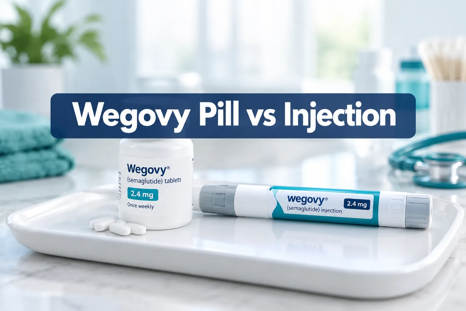Wegovy Pill vs Injection: Effectiveness, Side Effects & Cost 1 Professional () hero image with SHORT (≤42 chars): 'Wegovy Pill vs Injection', white on a navy semi-transparent panel,