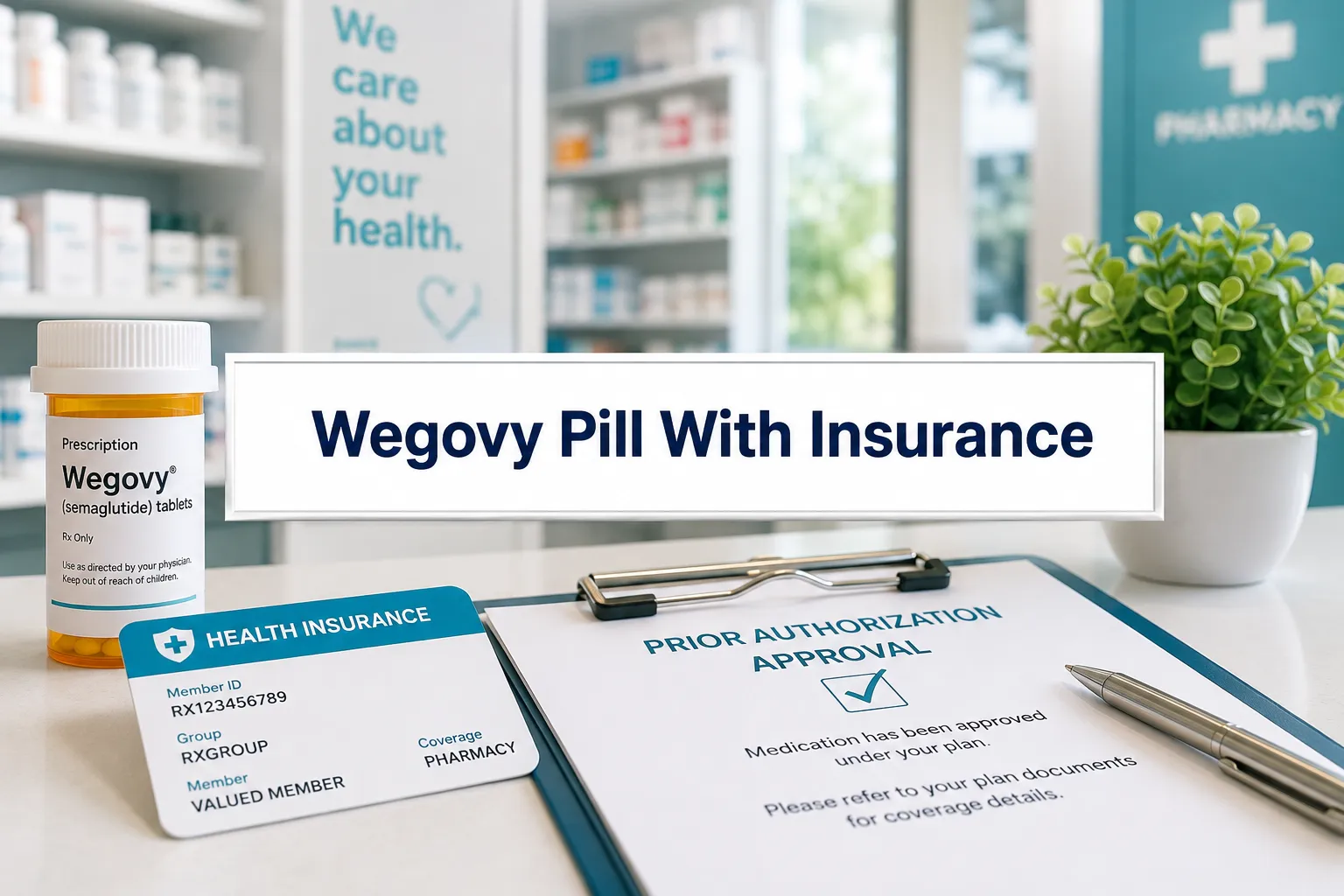 Professional () hero image with short (≤42 chars): 'Wegovy Pill With Insurance', navy on a high-contrast white panel,