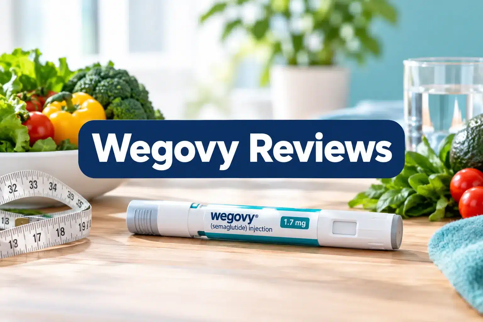 Professional () hero image with SHORT (≤42 chars): 'Wegovy Reviews', white on a navy high-contrast panel, centered with 8%