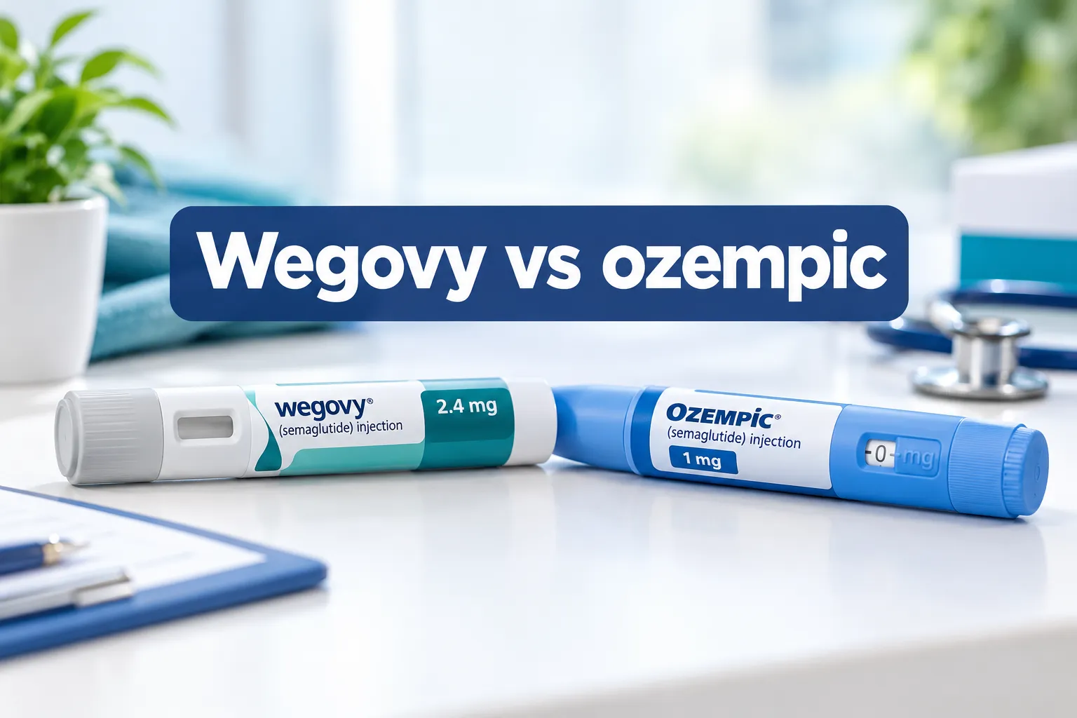 Professional () hero image with SHORT (≤42 chars): 'Wegovy vs ozempic', white on a navy semi-transparent panel, centered