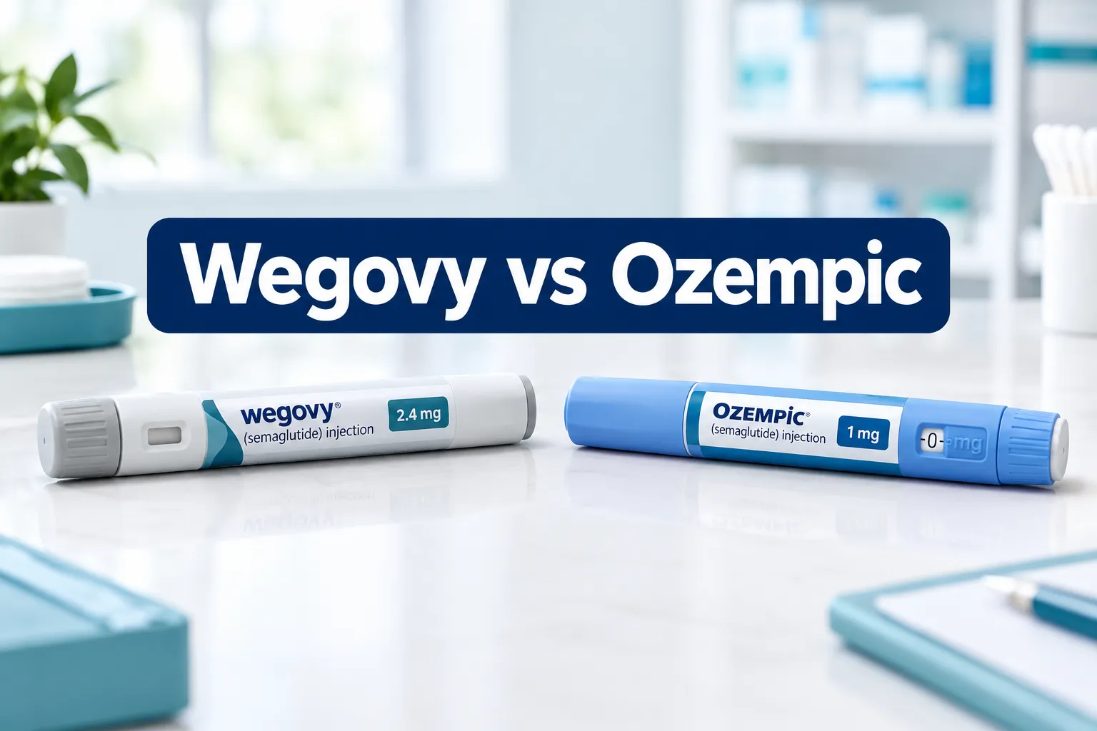 Professional () hero image with SHORT (≤42 chars): 'Wegovy vs Ozempic', white on a navy high-contrast panel, centered with