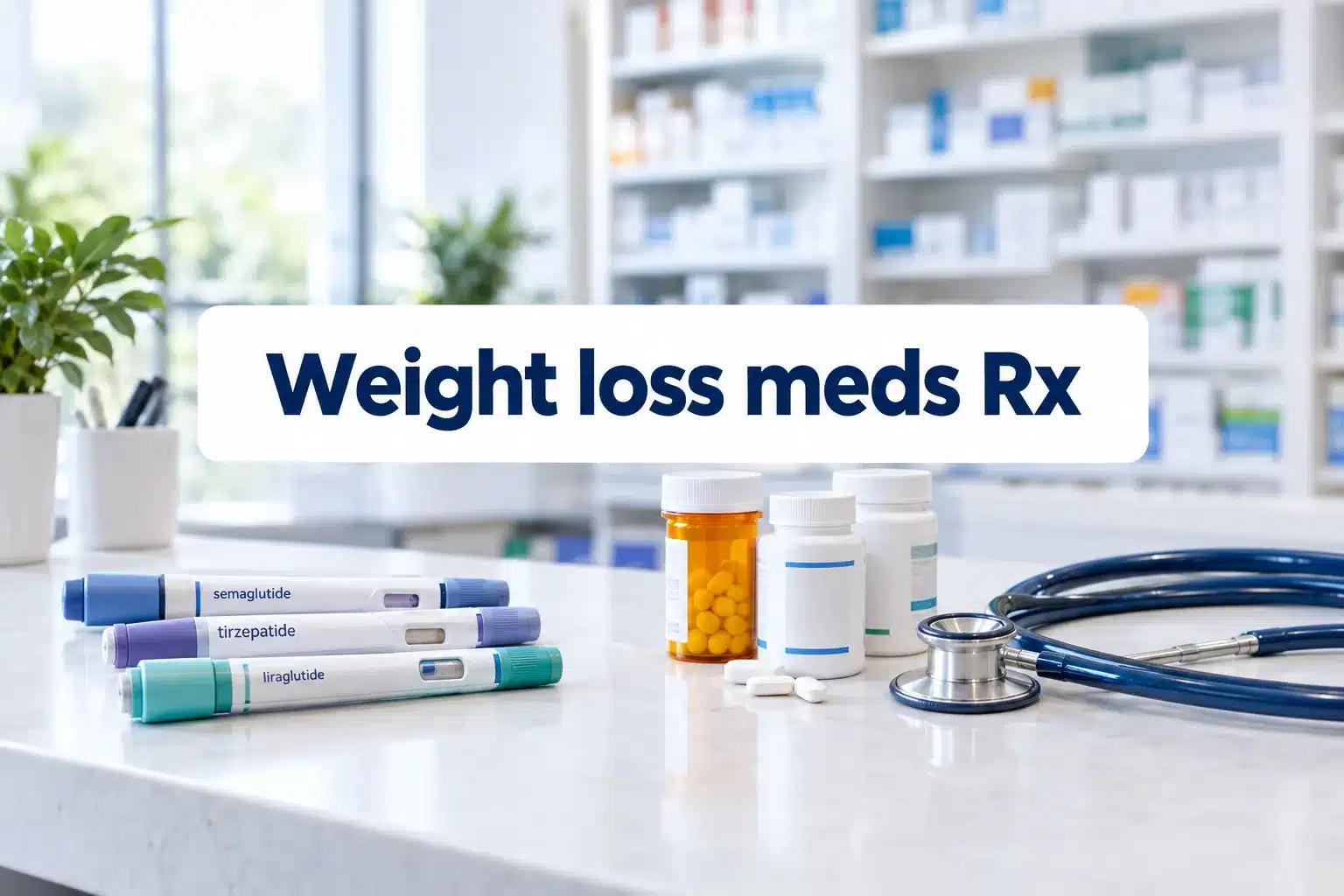 Professional () hero image with short (≤42 chars): 'Weight loss meds Rx', navy on a clean white panel, centered with 8% safe