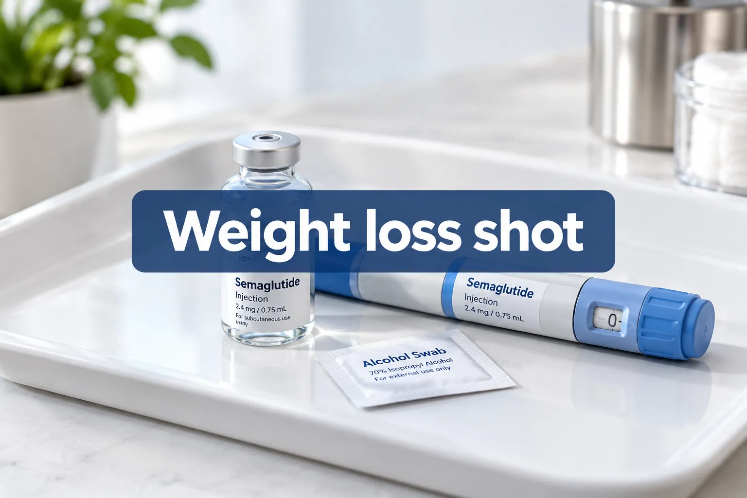 Professional () hero image with SHORT (≤42 chars): 'Weight loss shot', white on a navy semi-transparent panel, centered with
