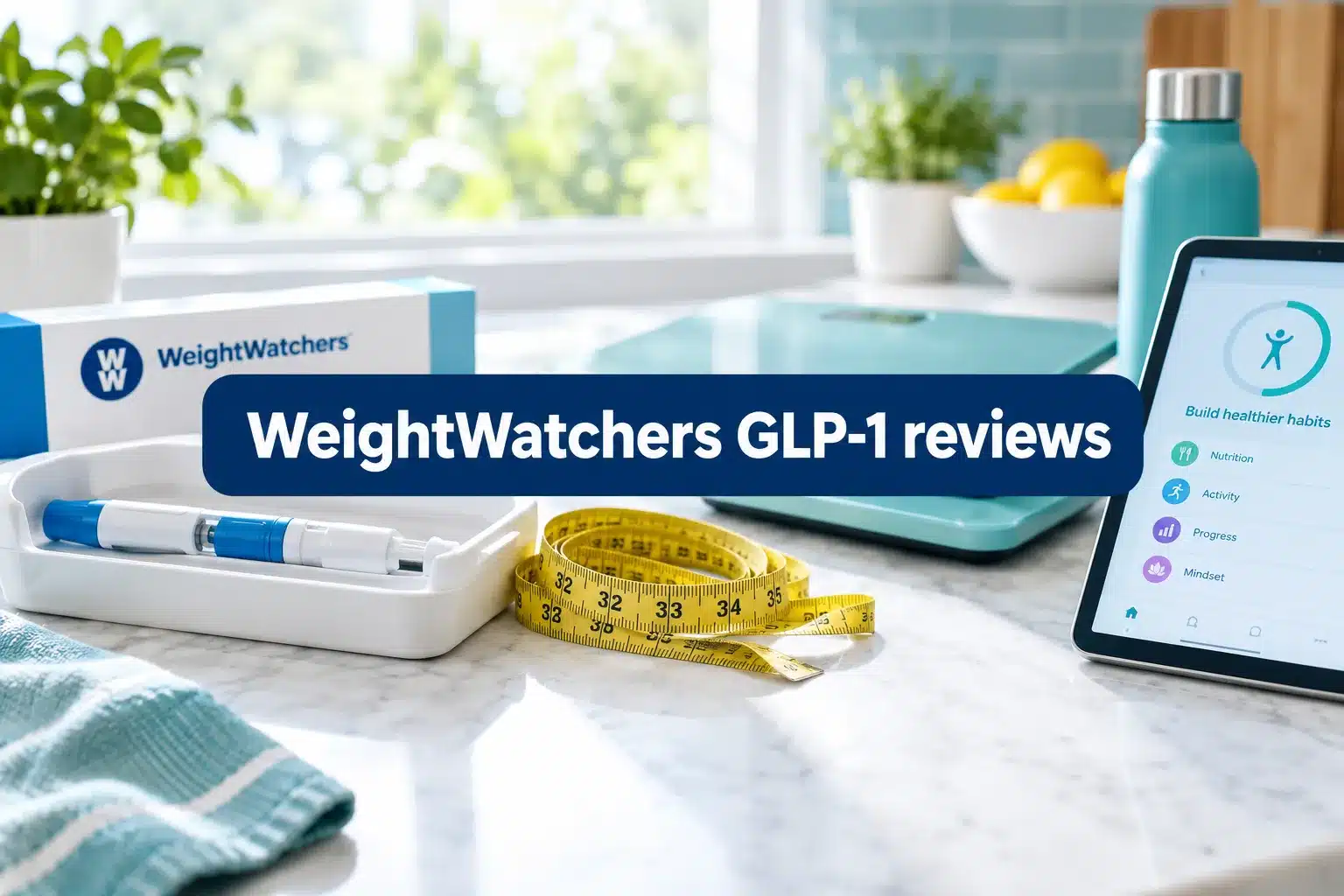 Professional () hero image with SHORT (≤42 chars): 'WeightWatchers GLP-1 reviews', white on a navy high-contrast panel,