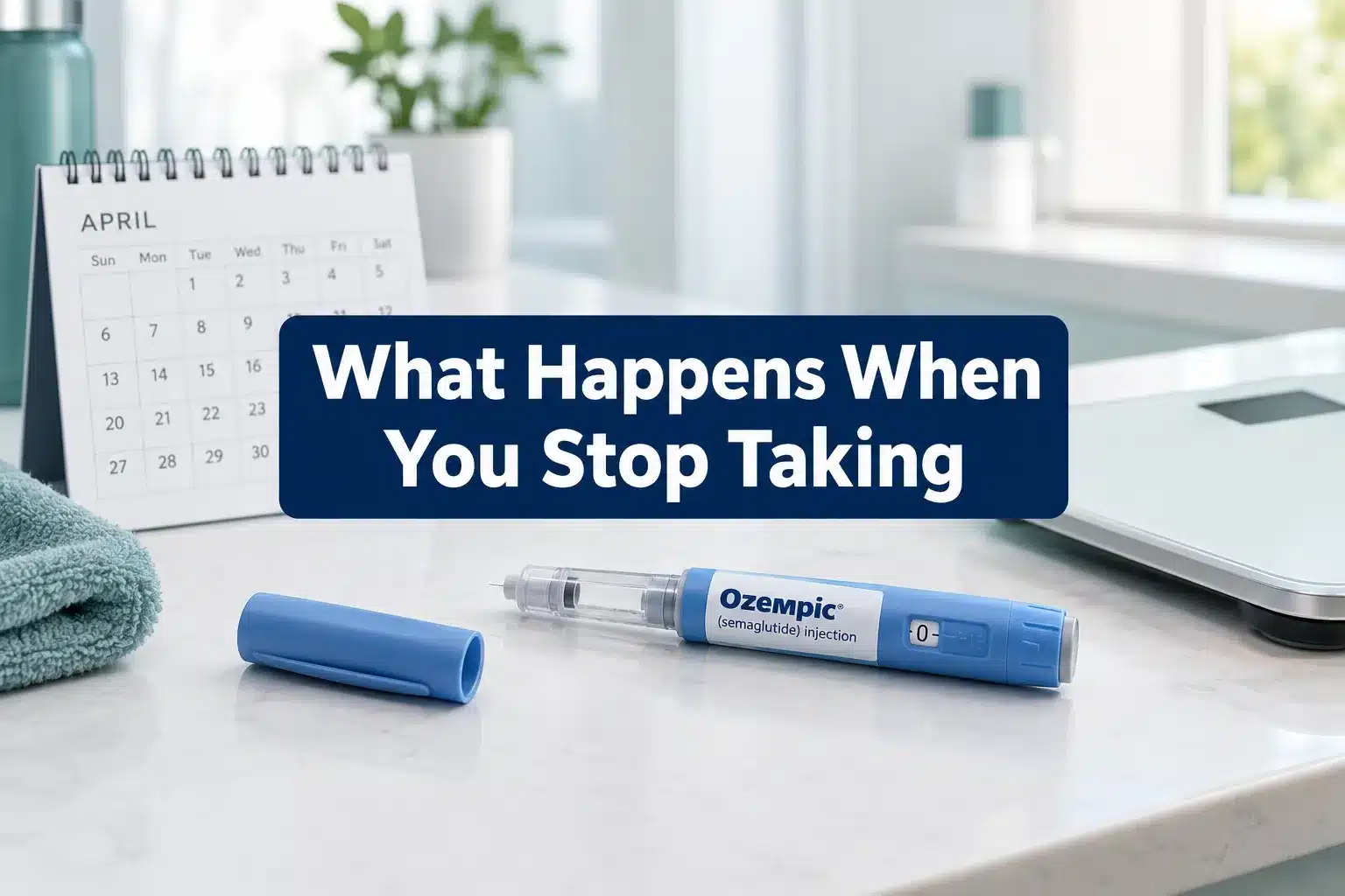 What Happens When You Stop Taking Ozempic? Weight Regain & How to Prevent It 1 Professional () hero image with SHORT (≤42 chars): 'What Happens When You Stop Taking', white on a navy high-contrast panel,