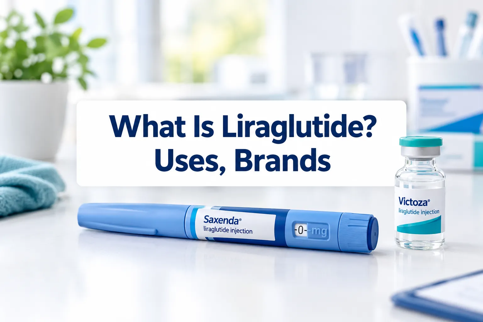 Professional () hero image with SHORT (≤42 chars): 'What Is Liraglutide? Uses, Brands', navy on a clean white panel,