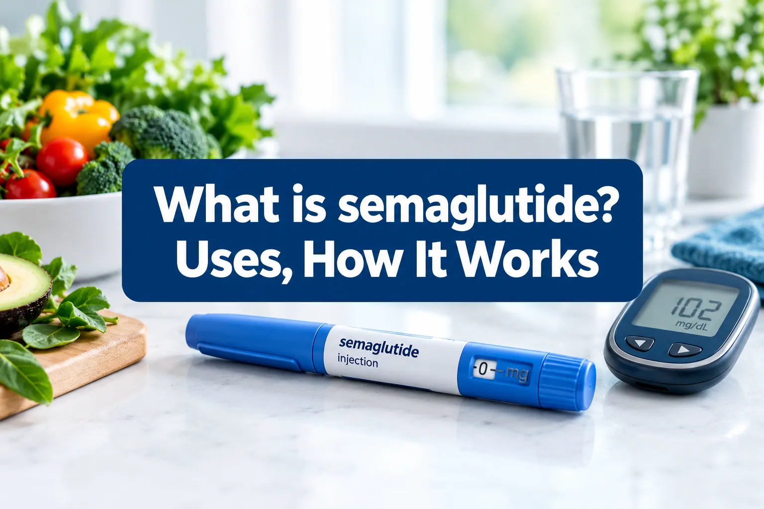 Professional () hero image with SHORT (≤42 chars): 'What is semaglutide? Uses, How It Works', white on a navy high-contrast