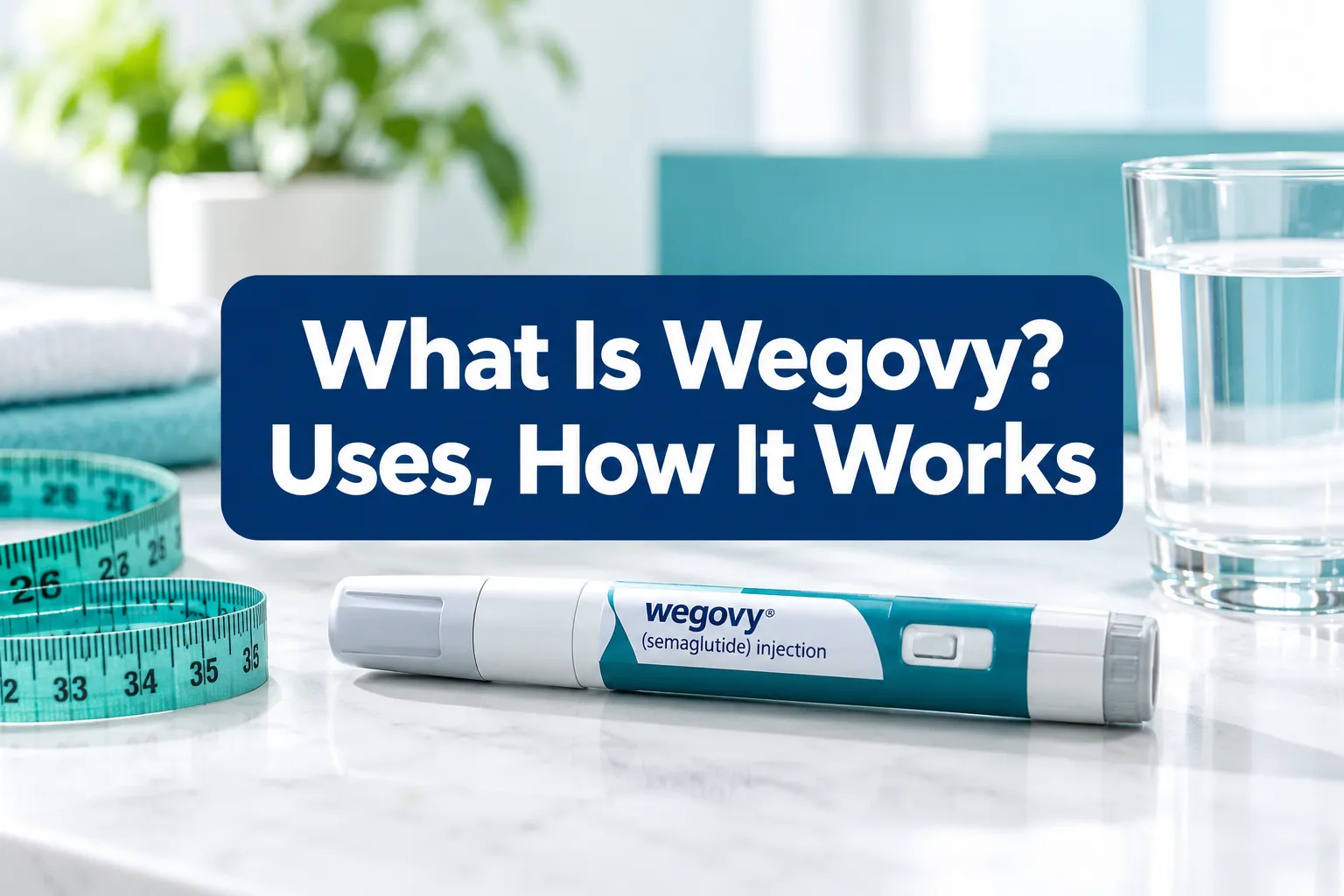 Professional () hero image with short (≤42 chars): 'What Is Wegovy? Uses, How It Works', white on a navy high-contrast