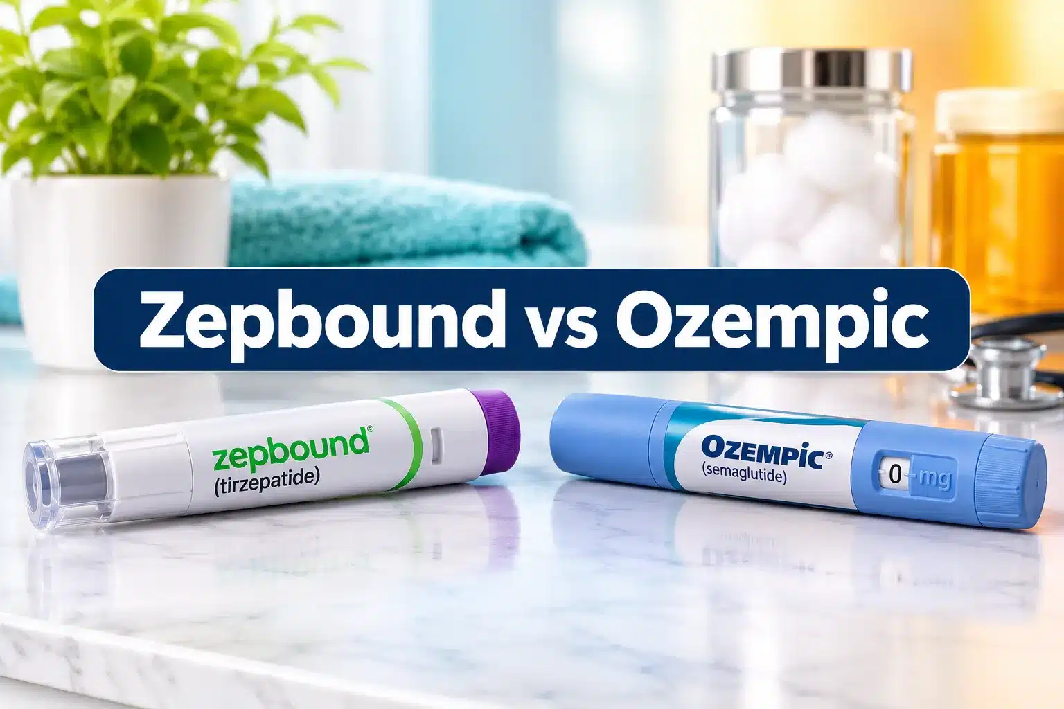 Professional () hero image with SHORT (≤42 chars): 'Zepbound vs Ozempic', white on a navy high-contrast panel, centered with